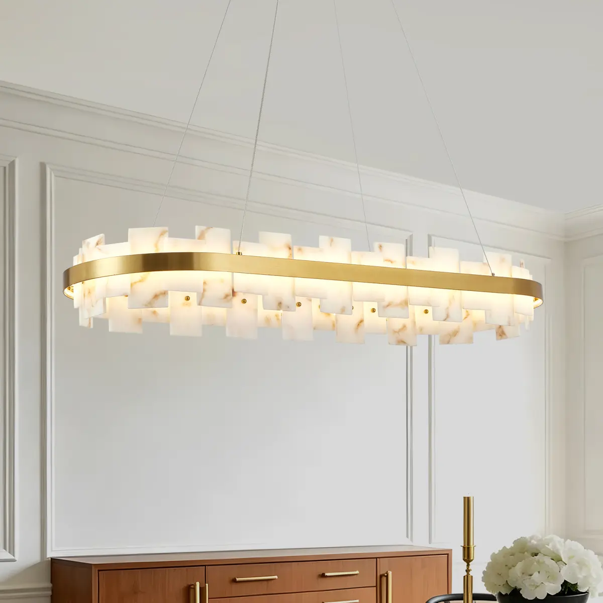 Alabaster Rectangle Chandelier, Natural Spanish Stone Texture Chandeliers, 46.8" Adjustable Alabaster Chandelier Over Table for Dining Room, Bedroom, Island– Modern Luxury Ceiling Lighting