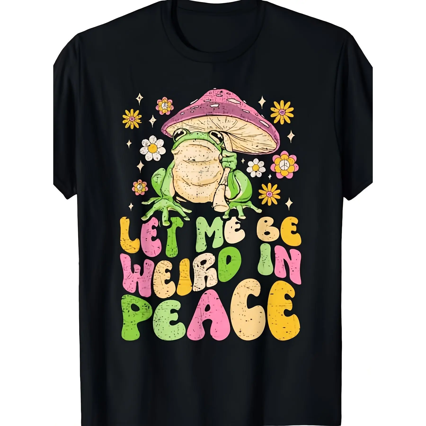 Goblincore T-Shirt with 'Let Me Be Weird In Peace' Frog Graphic, Unisex Casual Retro Cartoon Style, Heavyweight 100% Cotton, Round Neck, Shortsleeve, Plus Size, Tshirt, Top, Retro Graphic, Fitted, S, Streetwear, Digital Print