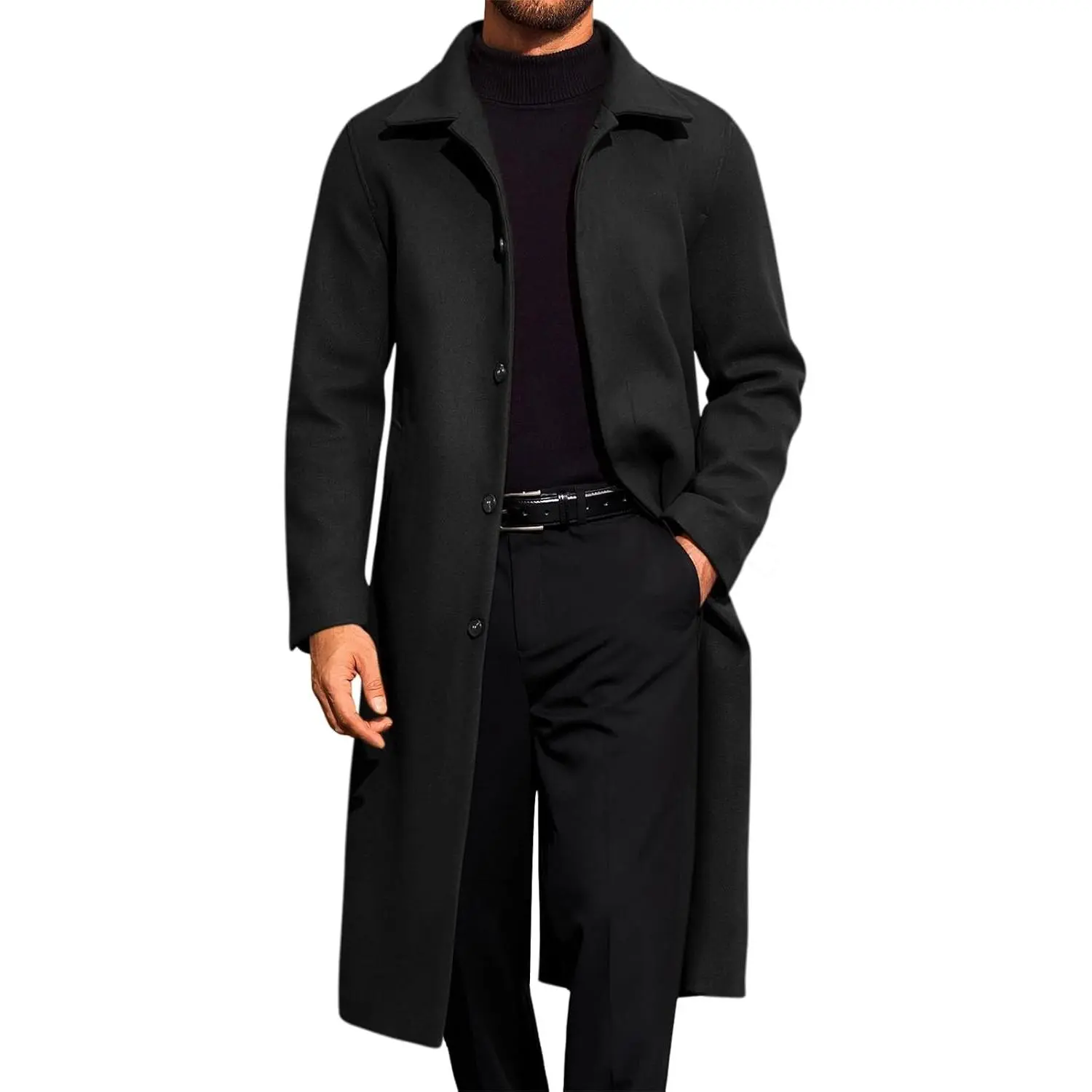 Mens Long Trench Coat Single Breasted Lapel Overcoat Winter Peacoat