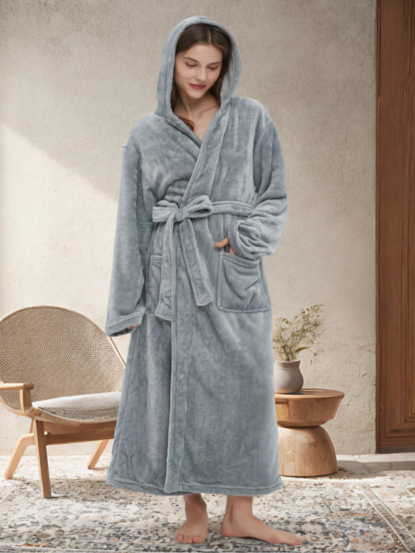 Womenswear Solid Belted Drop Shoulder Hooded Flannel Robe, Fall Wear, Fallfreshness Minimalist Casual Long Sleeve Pocket Wrap Robe for Women, Hooded Robe, Casual Robe, Women's Sleepwear for Winter