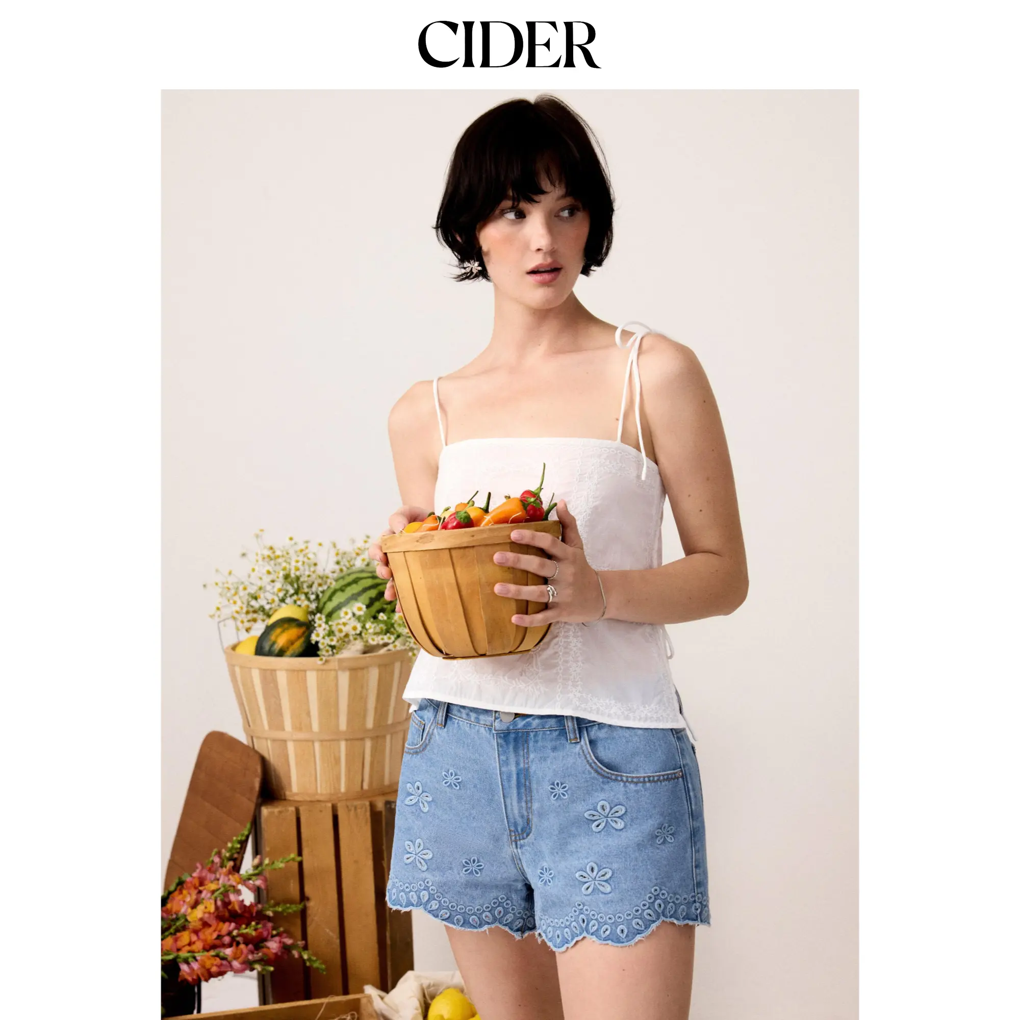 Cider Denim Low Rise Embroidery Floral Scallop Hem Micro Shorts