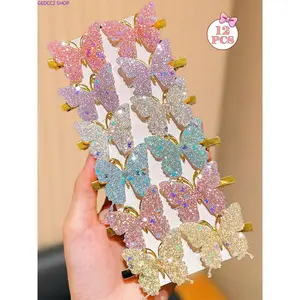 12-piece shiny butterfly hair clip set in various colors. They create sweet and elegant looks, perfect for school, outings, dates and parties, and make lovely gifts for girls.