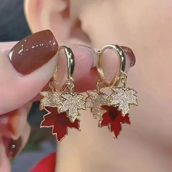Gold Tone Double Maple Leaf Huggie Earrings Red Enamel Fall Dangle Earrings For Women