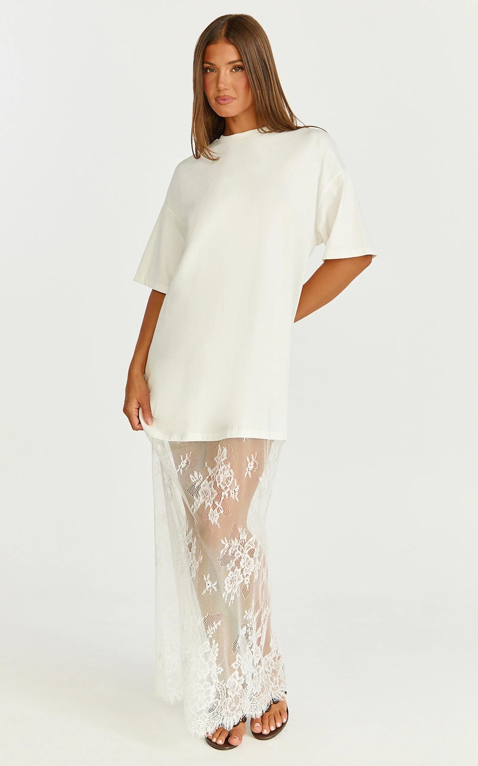 Women's Black Oversized T-Shirt Maxi Dress with Sheer Lace Hem Drop Shoulder Short Sleeve Perfect for Street Style...