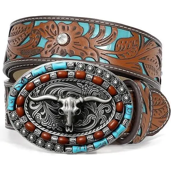Artisan Western Cowgirl Belt for Women, Trendy Heavy Duty Accessory with Floral Cutouts, Longhorn Skull Buckle & Turquoise Beads, Trendy Belt, Western Accessories