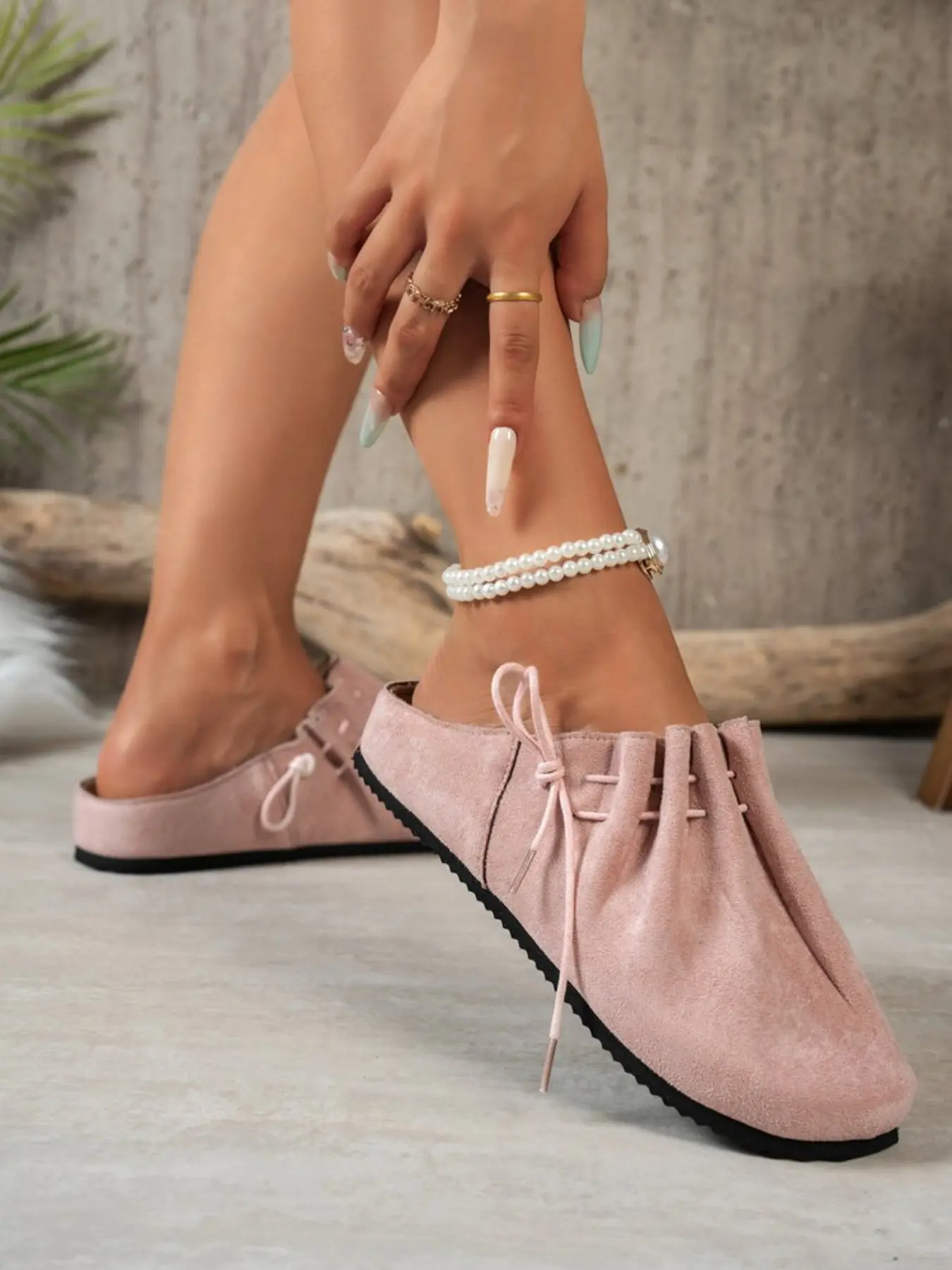 Spring Summer Velvet Drawstring Folded Grandma Shoes for Women, Soft Sole Flat Lazy Slippers, Versatile Comfortable Ballet Shoes, Gentle Style Slip-Ons