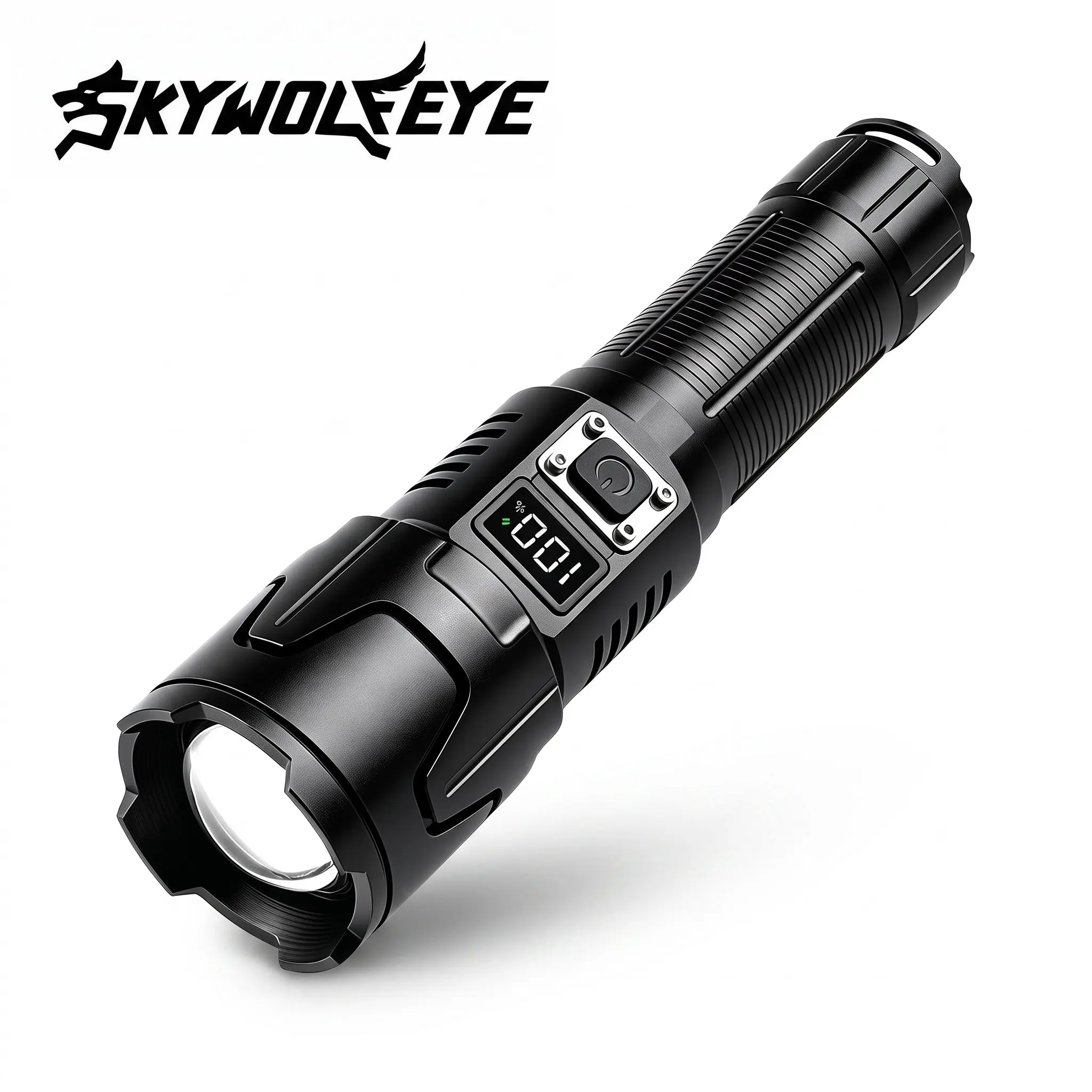 SKYWOLFEYE SX00 High-Power Rechargeable Tactical Flashlight - 30W 2200 Lumens OLED Display, Telescopic Zoom, 3 Tactical Modes, Power Bank, 12.4 oz, USB Port, Batteries, Cells, Travel-Friendly Camping Gear