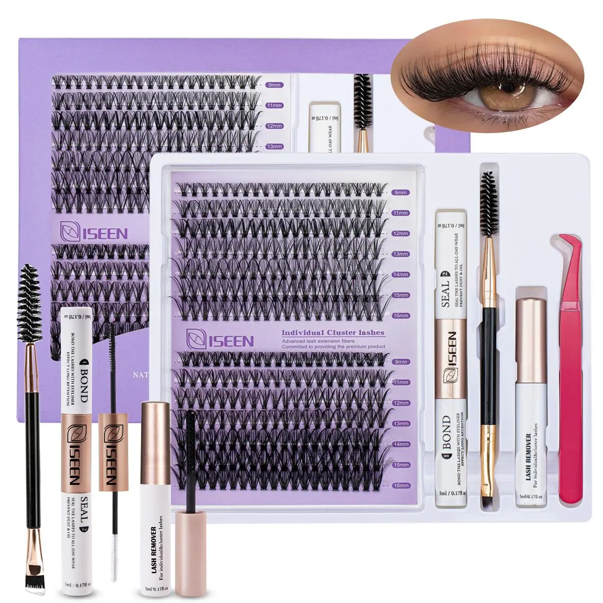 False Eyelashes Kit, 1 Set D Curl Eyelash Clusters, Fluffy Eyelash Clusters with Eyelash Glue, Remover, Brush & Tweezers, Eyelashes Extensions Kit for Women & Girls, Volumized False Eyelashes