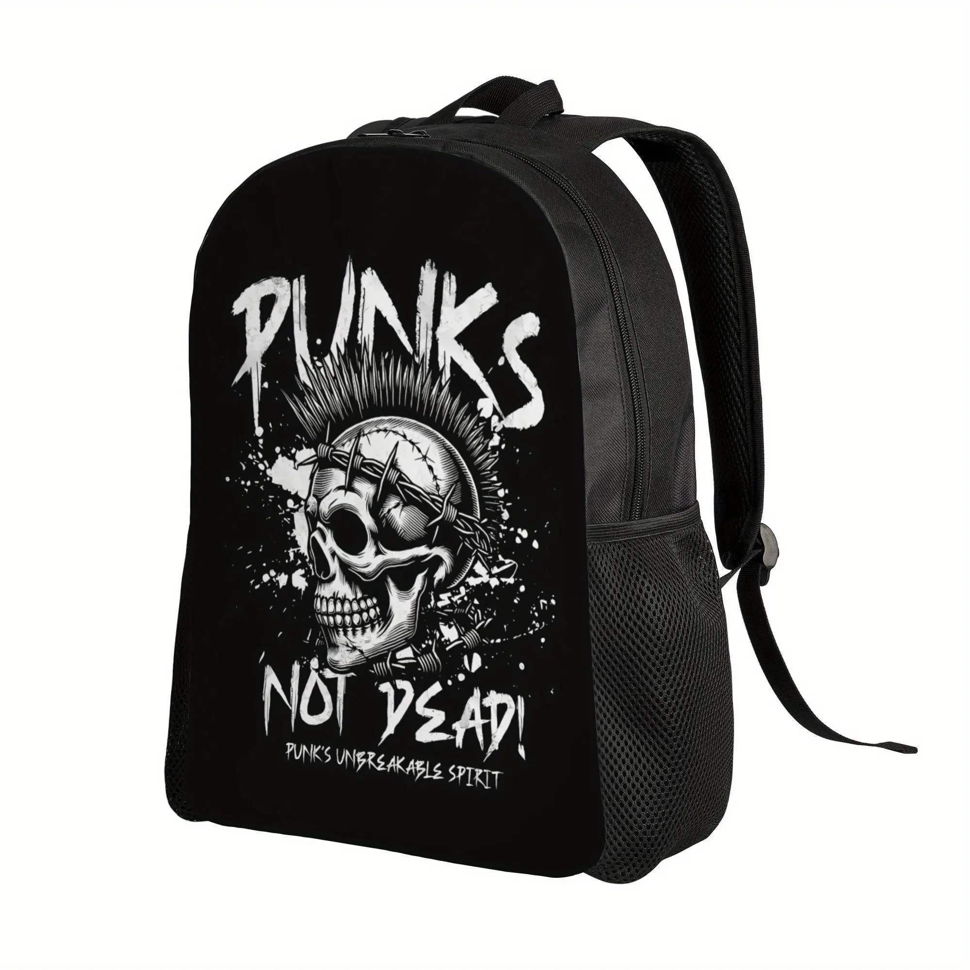 Bihudu Men's Punk Rock Pattern Backpack - Features a rebellious skull and "Punks Not Dead" slogan design, durable school-style backpack, suitable for punk music lovers, avant-garde unisex style (hand washable)
