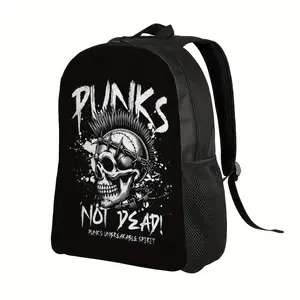 Bihudu Men's Punk Rock Pattern Backpack - Features a rebellious skull and "Punks Not Dead" slogan design, durable school-style backpack, suitable for punk music lovers, avant-garde unisex style (hand washable)