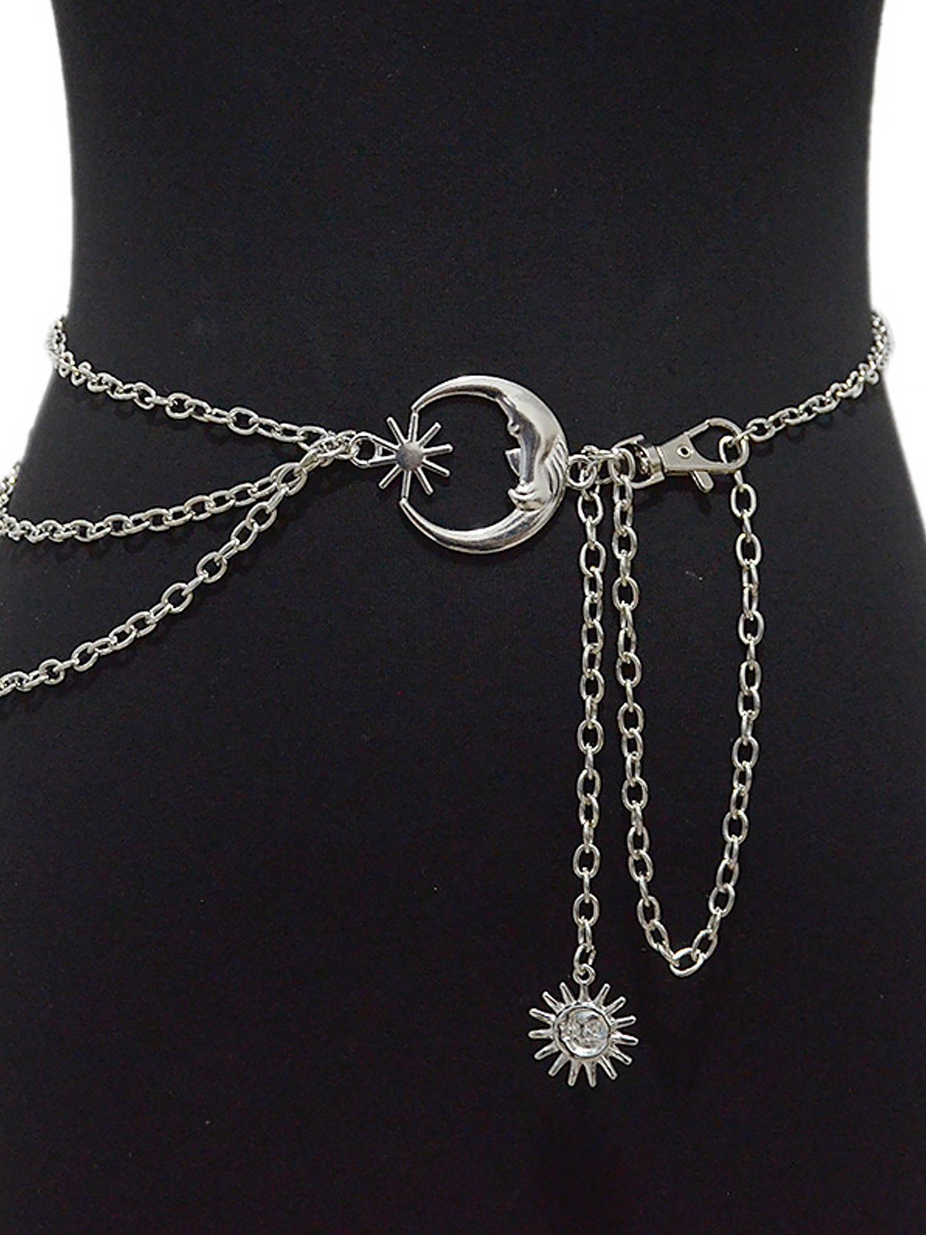 Women's Moon Design Layered Belts, Fashionable Rhinestone Decorated Adjustable Belt for Jeans & Dress, Casual Waistband for Daily Clothing Decor, Trendy All-match & Exquisite Belt for Birthday Gift, New Punk Boho Style Statement Belts, Star Decorated Belt