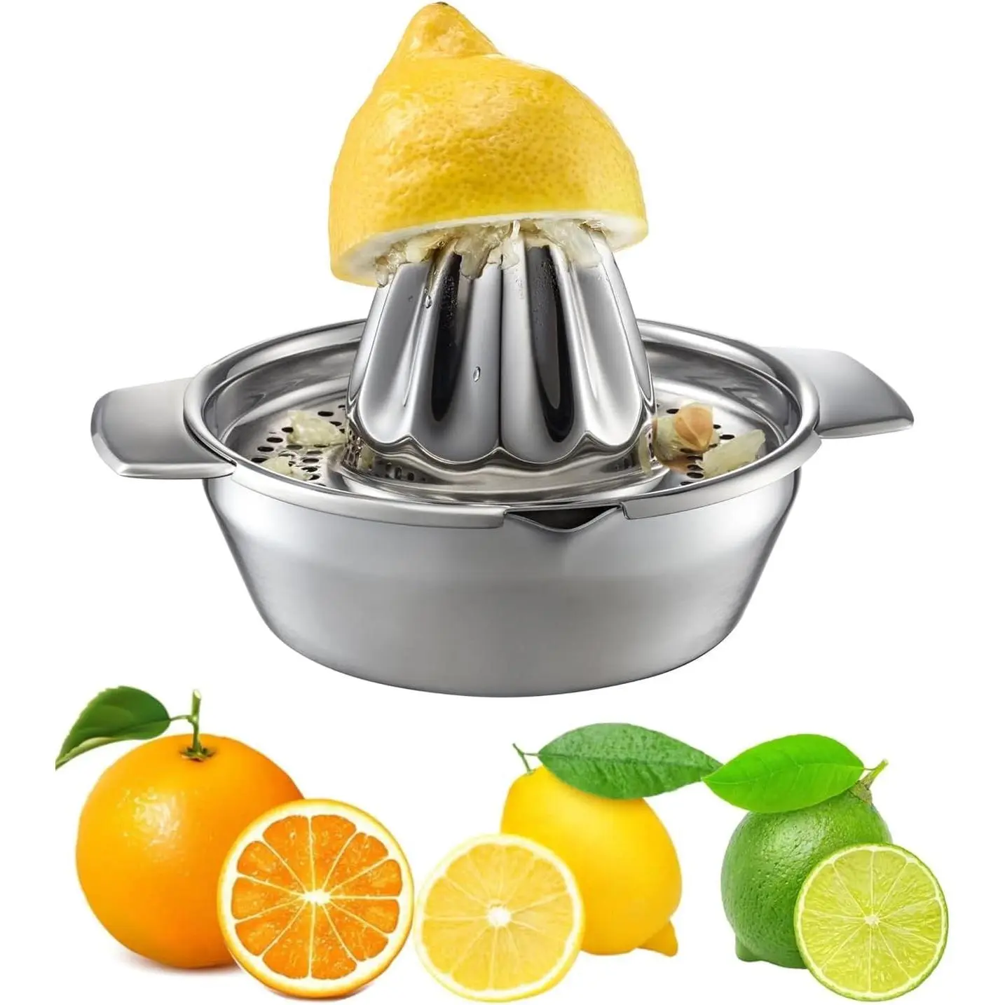 Manual Stainless Steel Hand Press Citrus Squeezer Set - Round Base, Bowl, Strainer for Lemon, Orange Citrus Juice | Kitchen Home Supplies, With Strainer