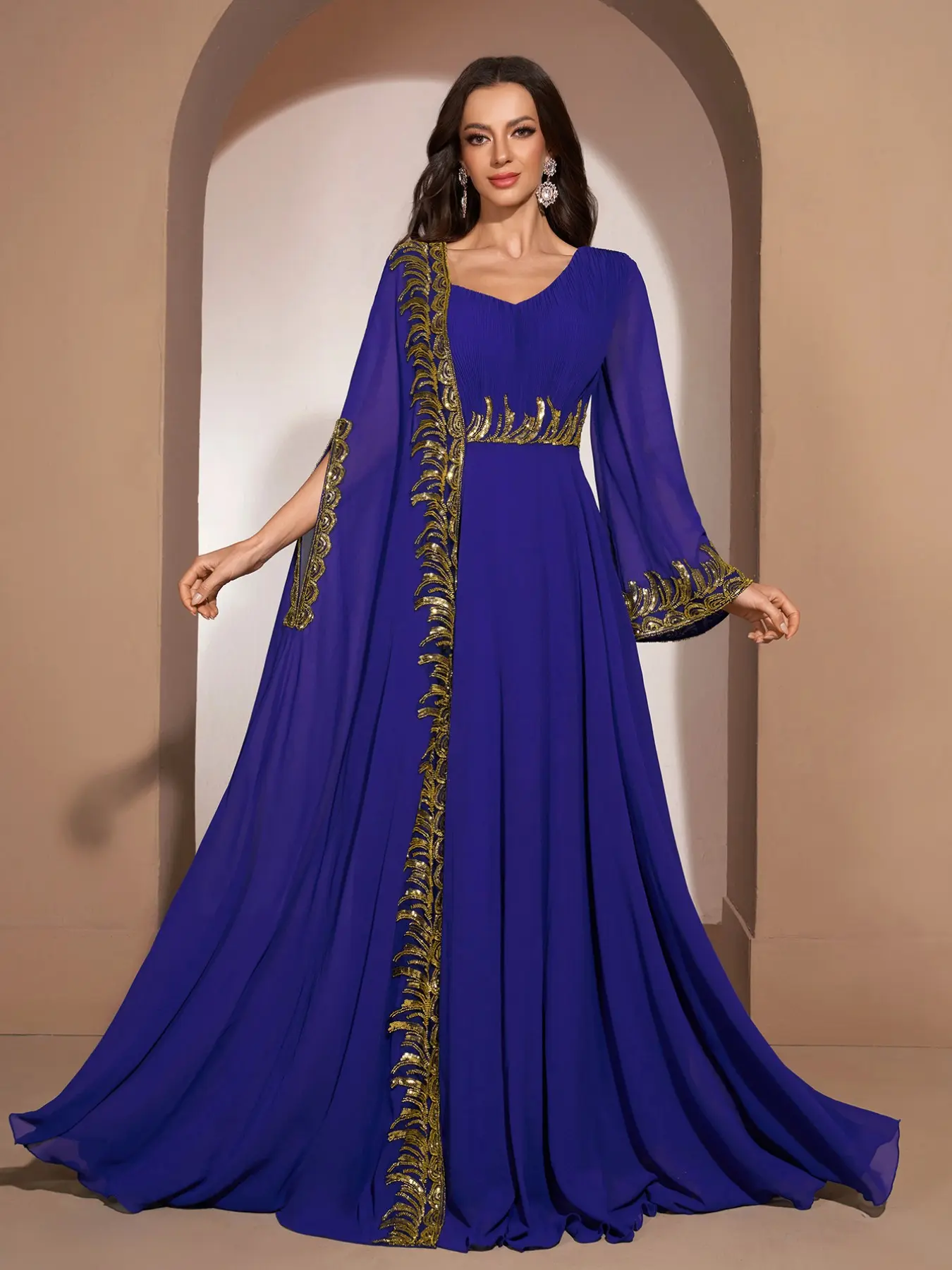 Women's Sequin Trim Chiffon Arabic Long Formal Dress, Asymmetric Long Sleeve Abaya Kaftan, Perfect for Weddings, Parties, Festivals