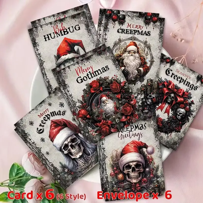 12 Unique Gothic Santa Christmas Cards with Envelopes, Dark Christmas and Happy Holiday Design, Perfect for Seasonal Greetings and Thank You Letters