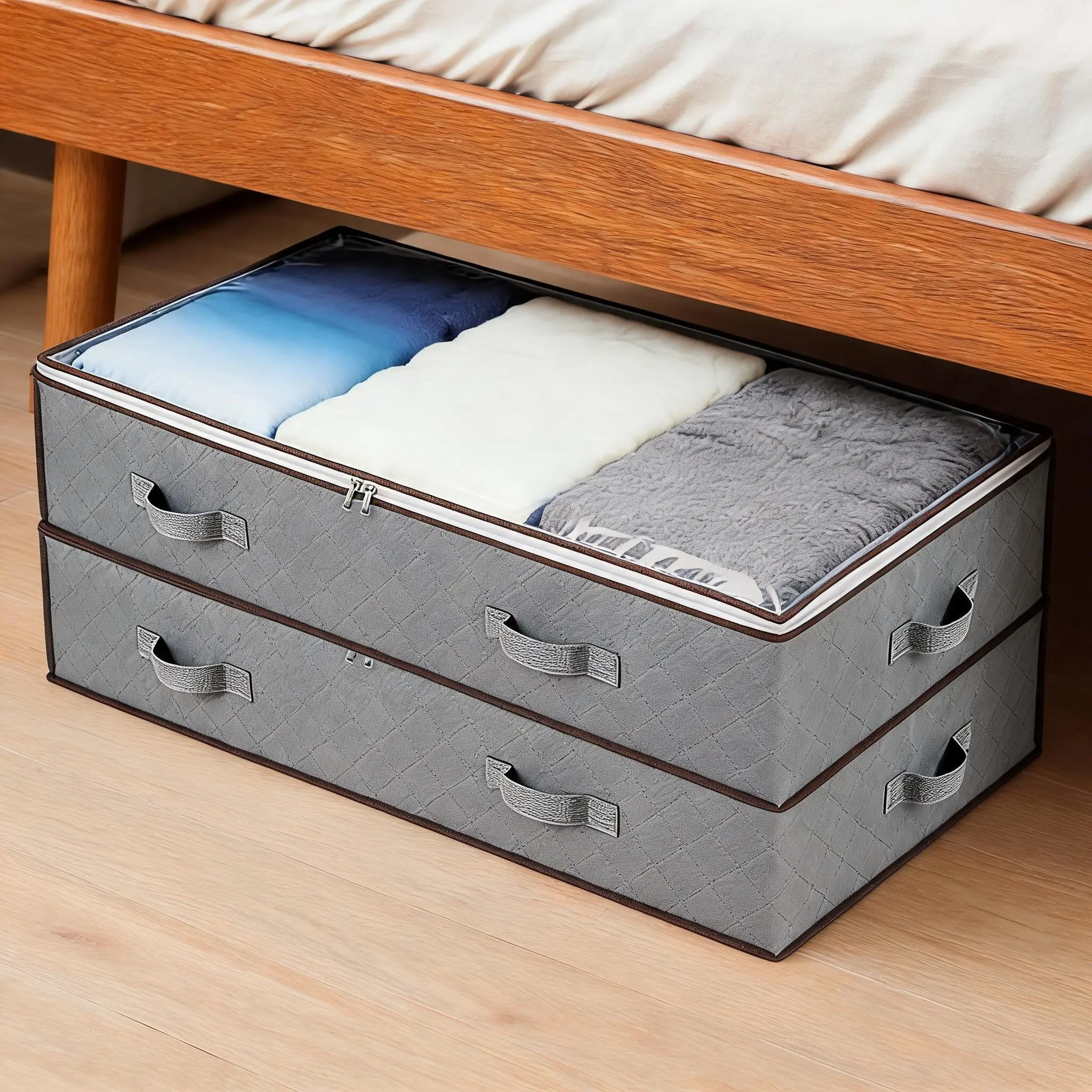 Large Under Bed Storage Bin 90L – Collapsible Clothes Organizer with Clear Window & Reinforced Handles – Ideal for Blankets, Bedding, Pillows – Closet Storage Solution, 100x50x18cm, 2-Pack, Grey