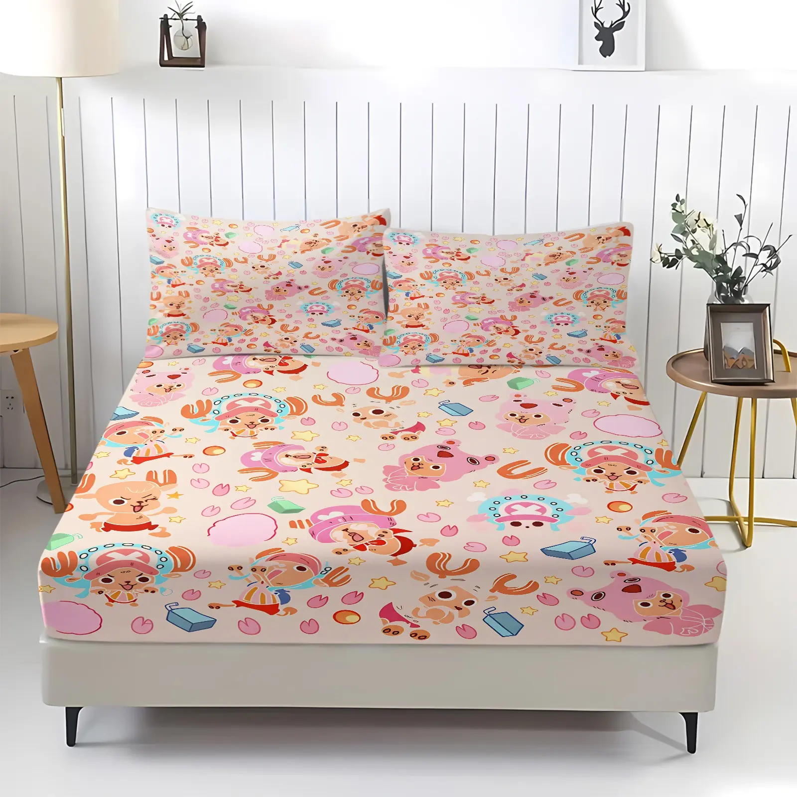 Classic Anime Character Fitted Sheet Set & 2 Coreless Pillowcases,  Cute Patterns In Kawaii Otaku Anime Style, Soft, Comfortable, Breathable With Deep Pocket Anti-slip Design, Nostalgic Childhood Gift For Anime Fans, Suitable For Teenagers Bedroom Decor