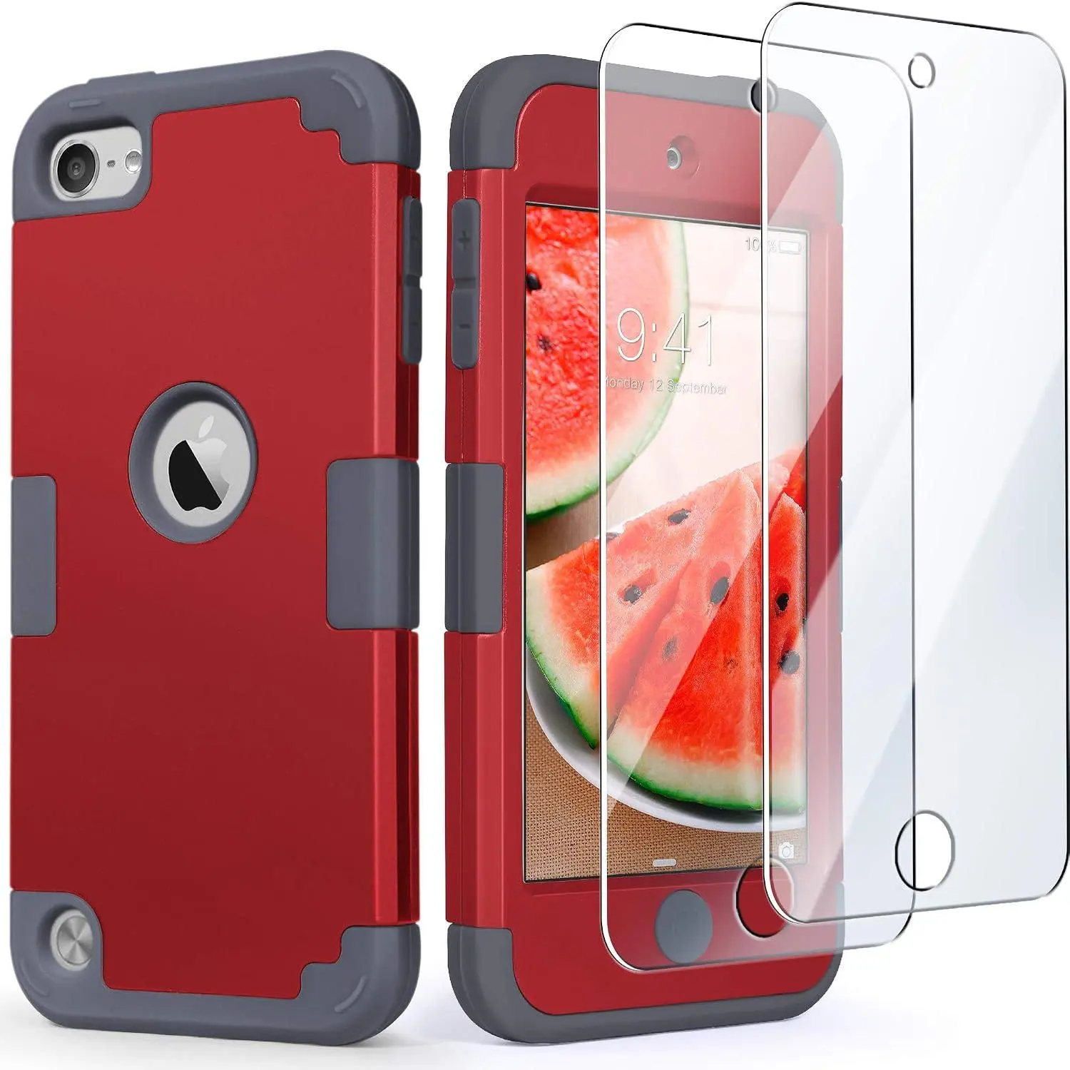 for iPod  Case with 2 Screen Protectors, 3 in 1 Hard PC Case +  Shockproof for  Heavy Duty Hard Case Cover for iPod  7th/6th/5th Generation,Red+Gray