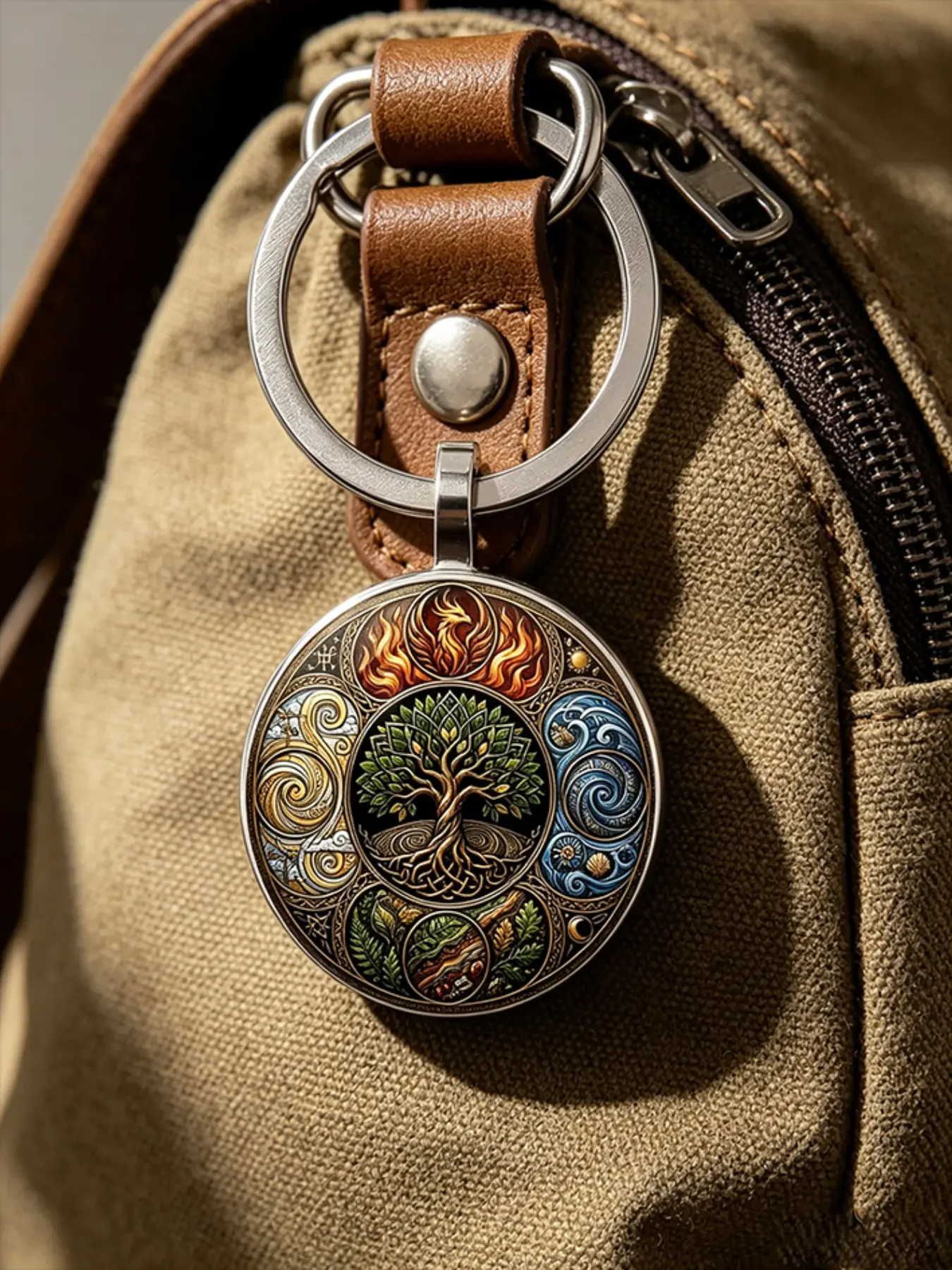 Phoenix and Four Elements Life Tree Alloy Keychain, Nordic Celtic Element Key Ring, Spiritual Natural Bag Accessory, Viking Life Tree Keychain