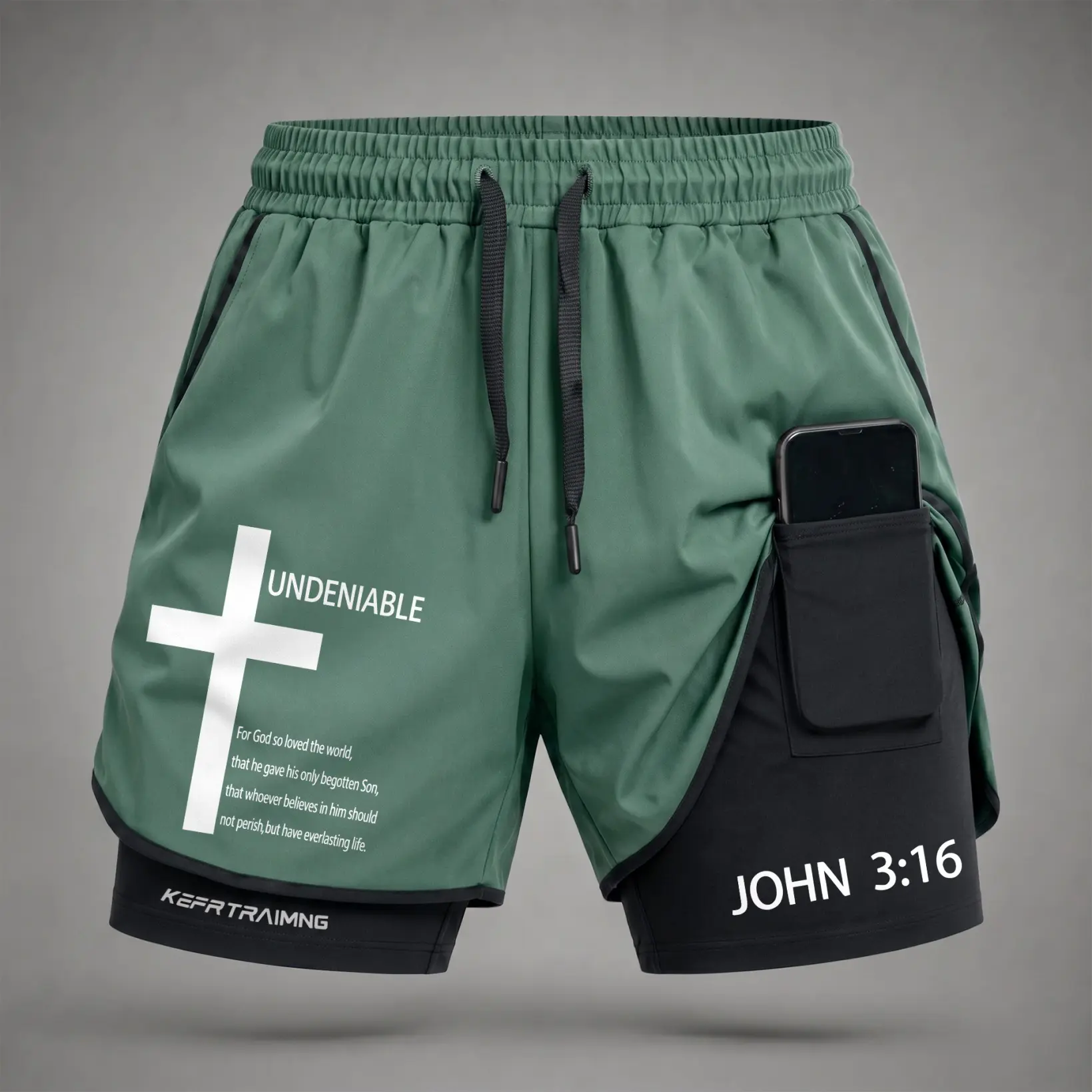 Men’s Faith-Based Cross Scripture 2-in-1 Running Shorts, John 3:16 Graphic Print, Built-in Compression Shorts, Utility Inner Phone Pocket, Drawstring Quick-Dry Sports Shorts for Summer