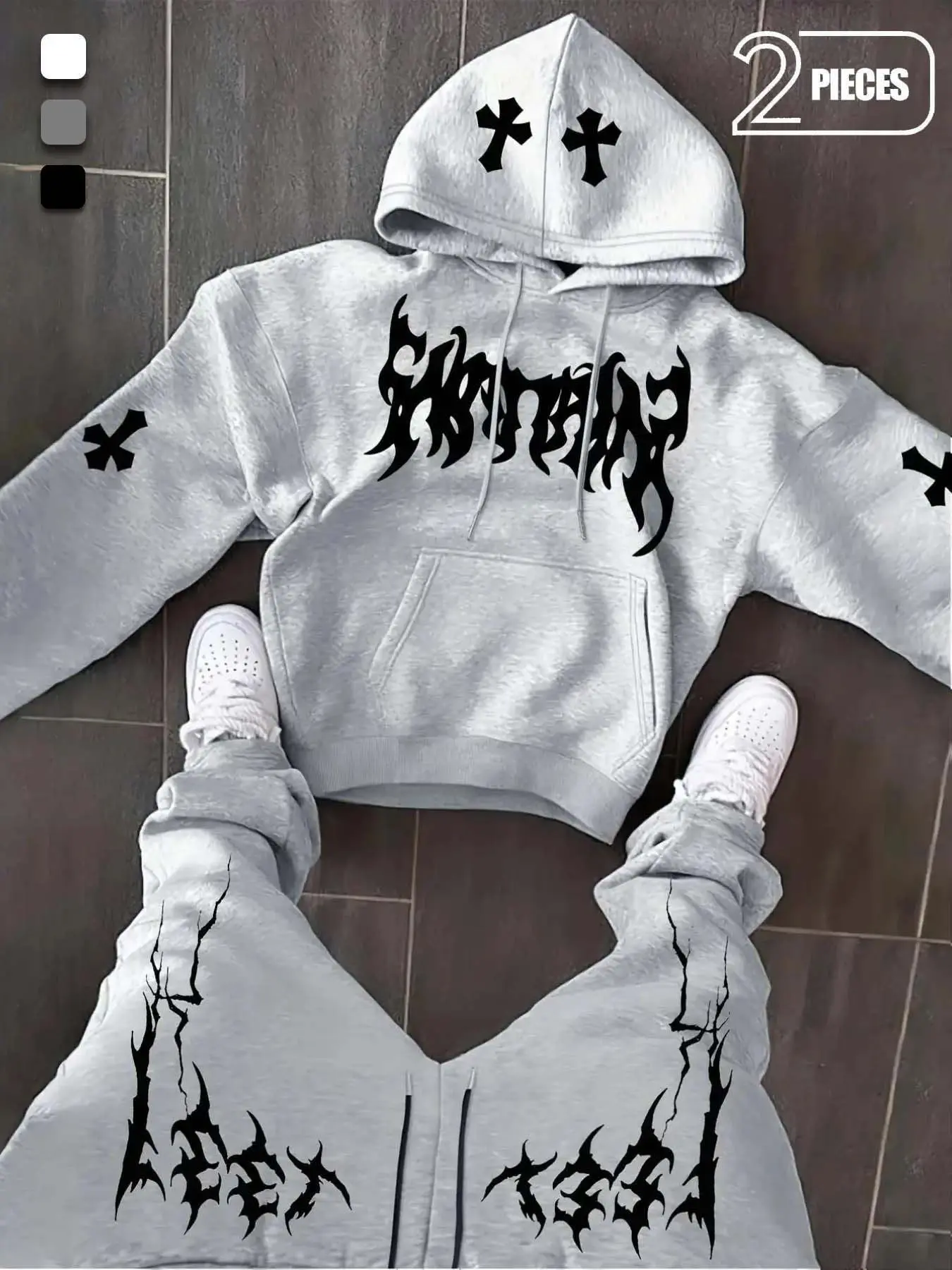 Gothic Cross Lettering Print Suit, Hoodie & Straight Leg Pants Set, Baggy Loose Fit Oversized Unisex, Fall Winter Fashion, High Street Style