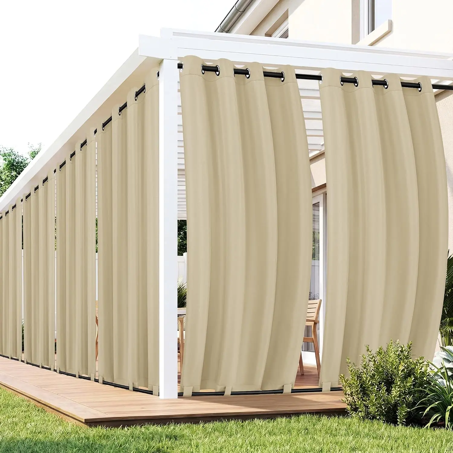 Waterproof 6 Panels Outdoor Curtains for Patio - Windproof Privacy Weatherproof Outside Drapes for Gazebo Pergola Porch, Grommet Top and Tab Bottom, 54x84 Inch, Cream