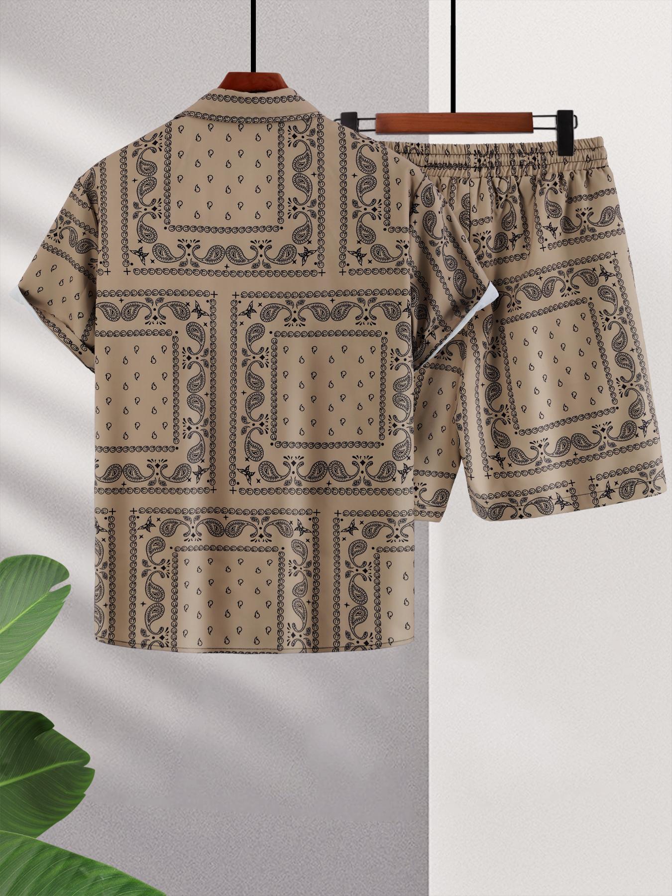 Men's All Over Print Short Sleeve Shirt & Shorts Two-piece Set, Casual Button Collar Top & Drawstring Waist Shorts, Men's Summer Clothes, Casual Outfit Set