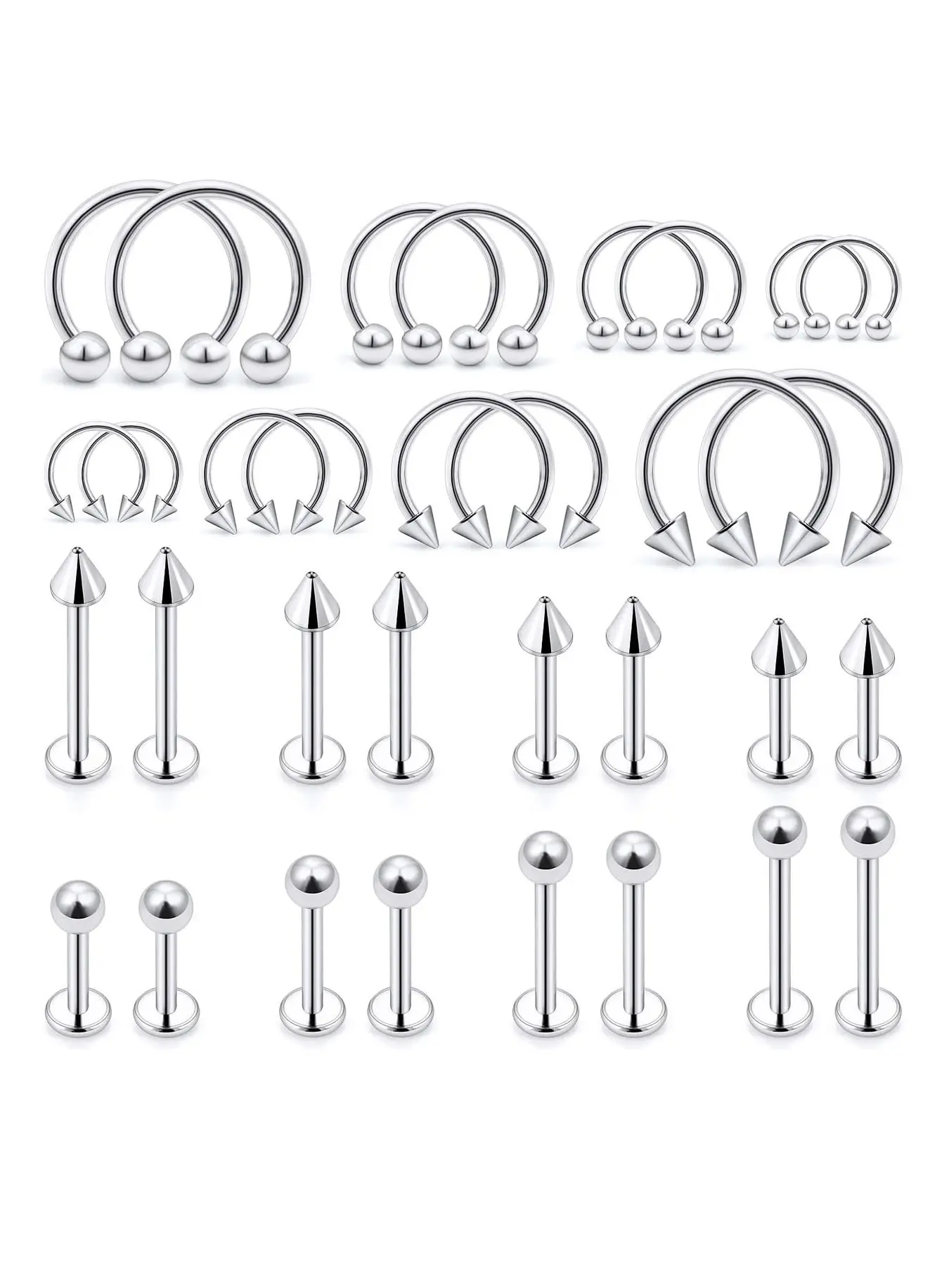 Lip Rings 32pcs Labret Jewelry, Monroe Lip Barbell Ring, Snake Bite Piercing, Lip Piercings, 16G Helix Earring, Daith Tragus Cartilage Studs, Surgical Steel