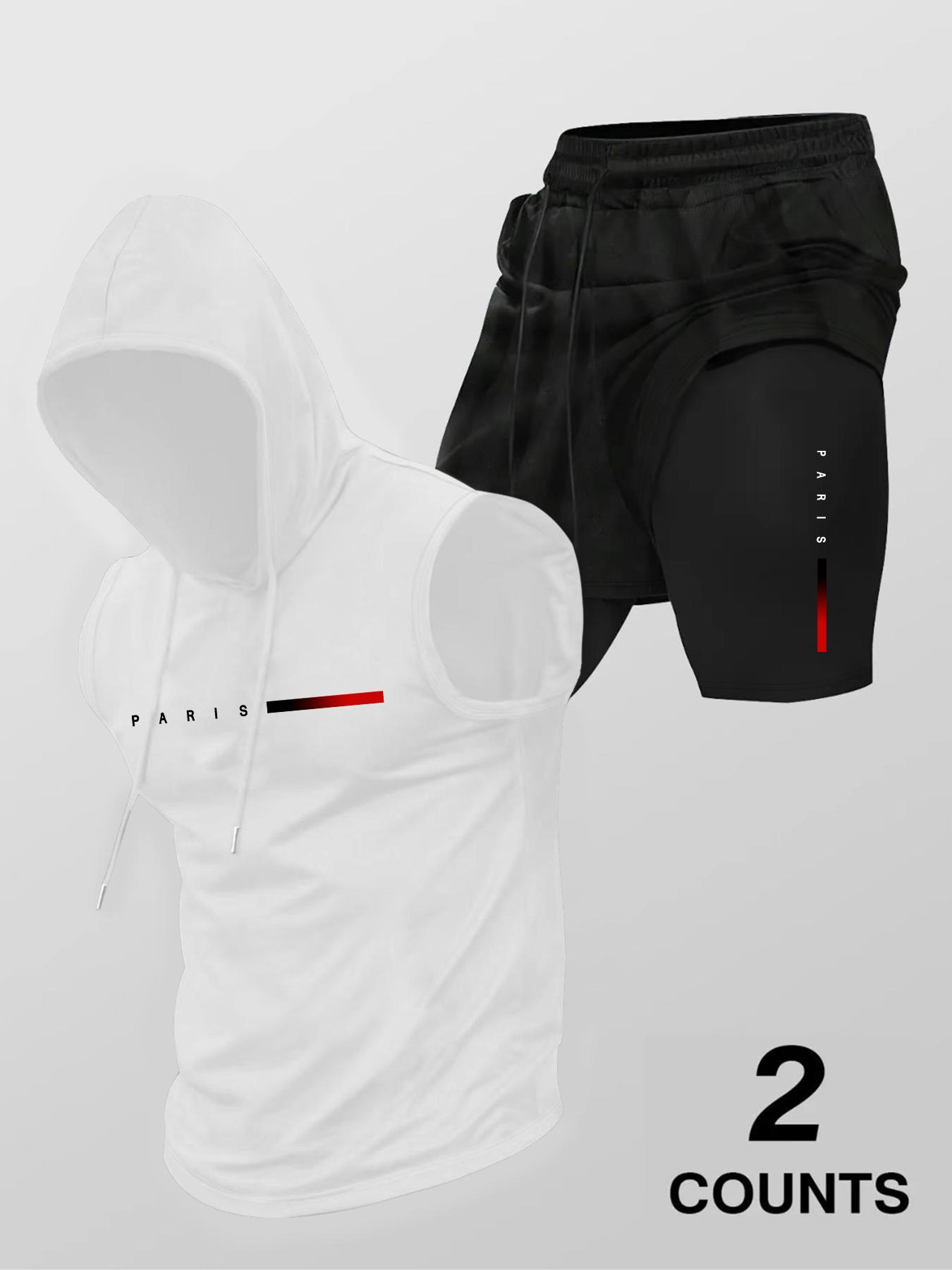 Two-Piece Set Men's Letter Print Hooded Tank Top & Drawstring Waist Shorts Set, Regular Fit Sleeveless Top & Track Shorts, Casual Summer Clothes Set for Outdoor Sports