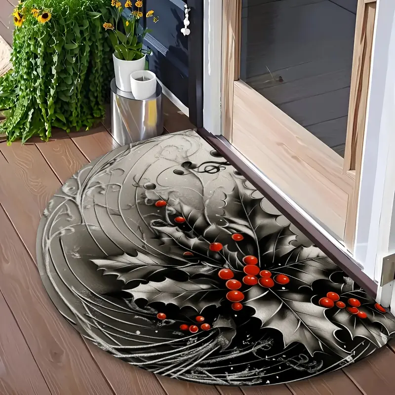 1 piece Christmas semi-circular doormat with holly leaves and music notes welcome doormat, Christmas interior doormat for bathroom entrance, interior hallway, kitchen