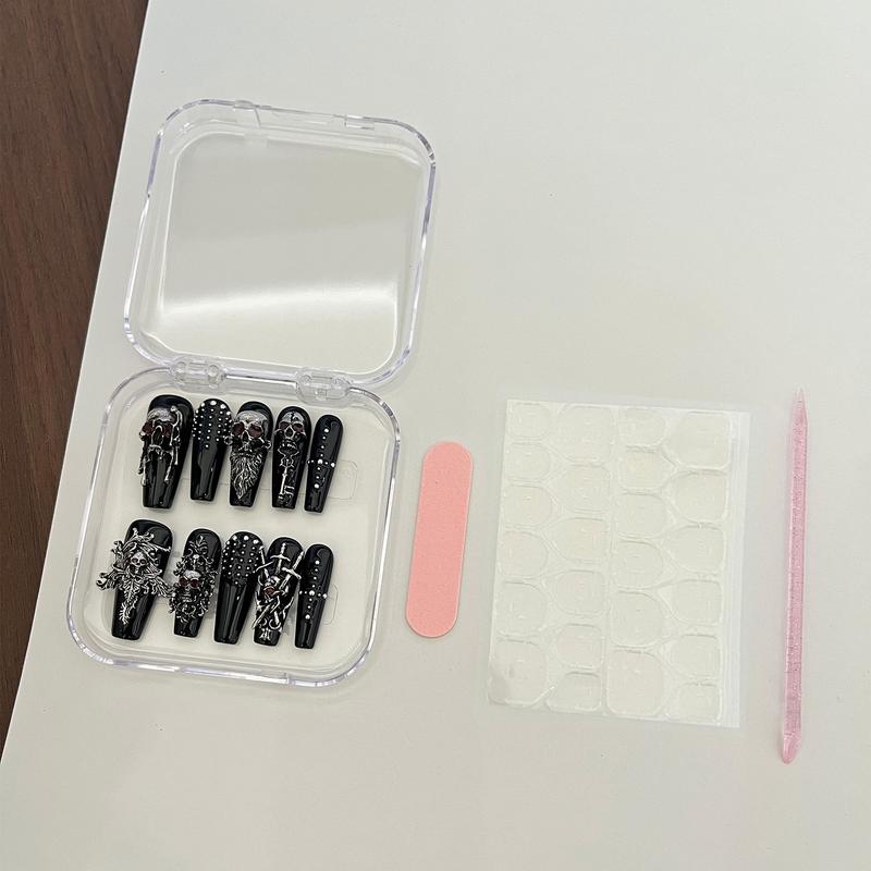 10 PCS Handmade 3D Silver Color Skull Press On Nails, Stylish Acrylic Nails, Halloween Witch Armor Gothic Fake Nails, Long Ballerina/Stiletto Shape, Removable