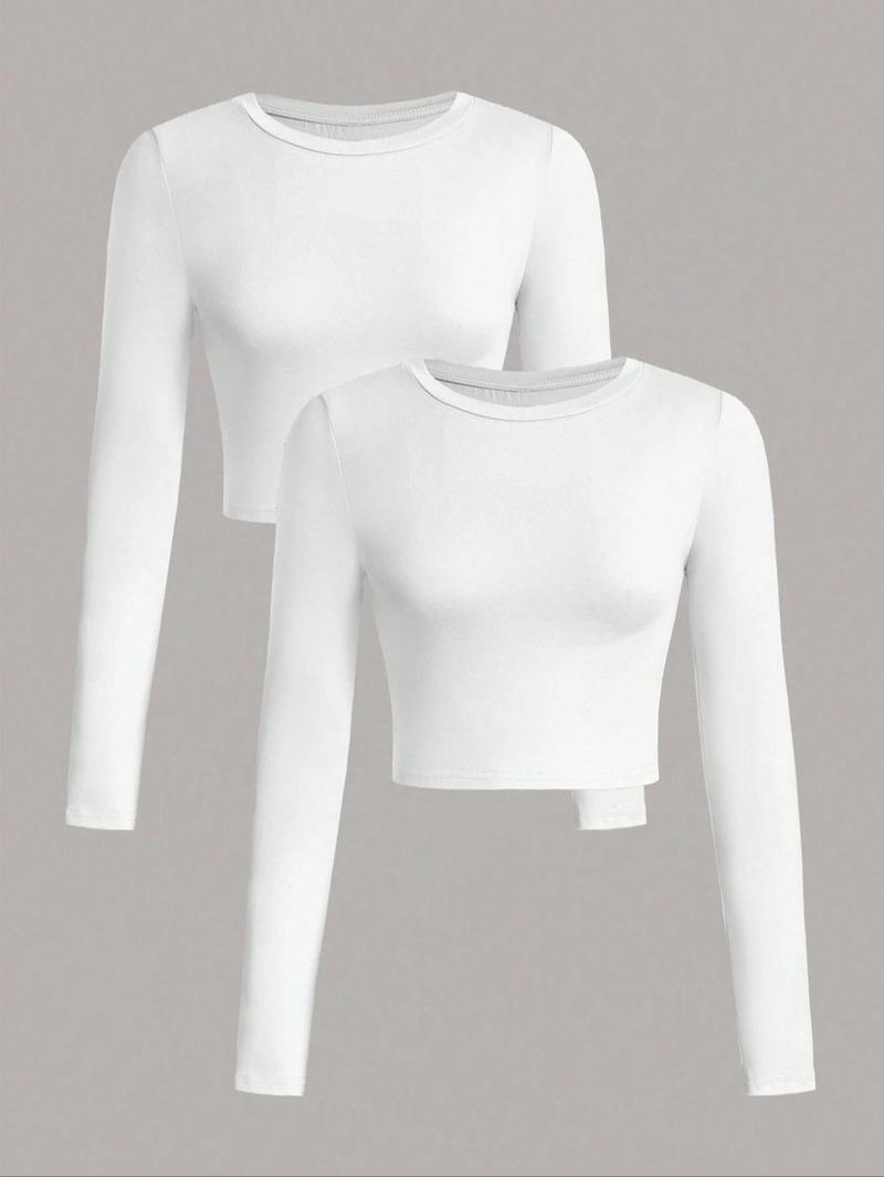 Women's Solid Long Sleeve Round Neck Crop Tee, Casual Crew Neck T-shirt for Daily Wear, Ladies Clothes for All Seasons, Casual Fashionable Top