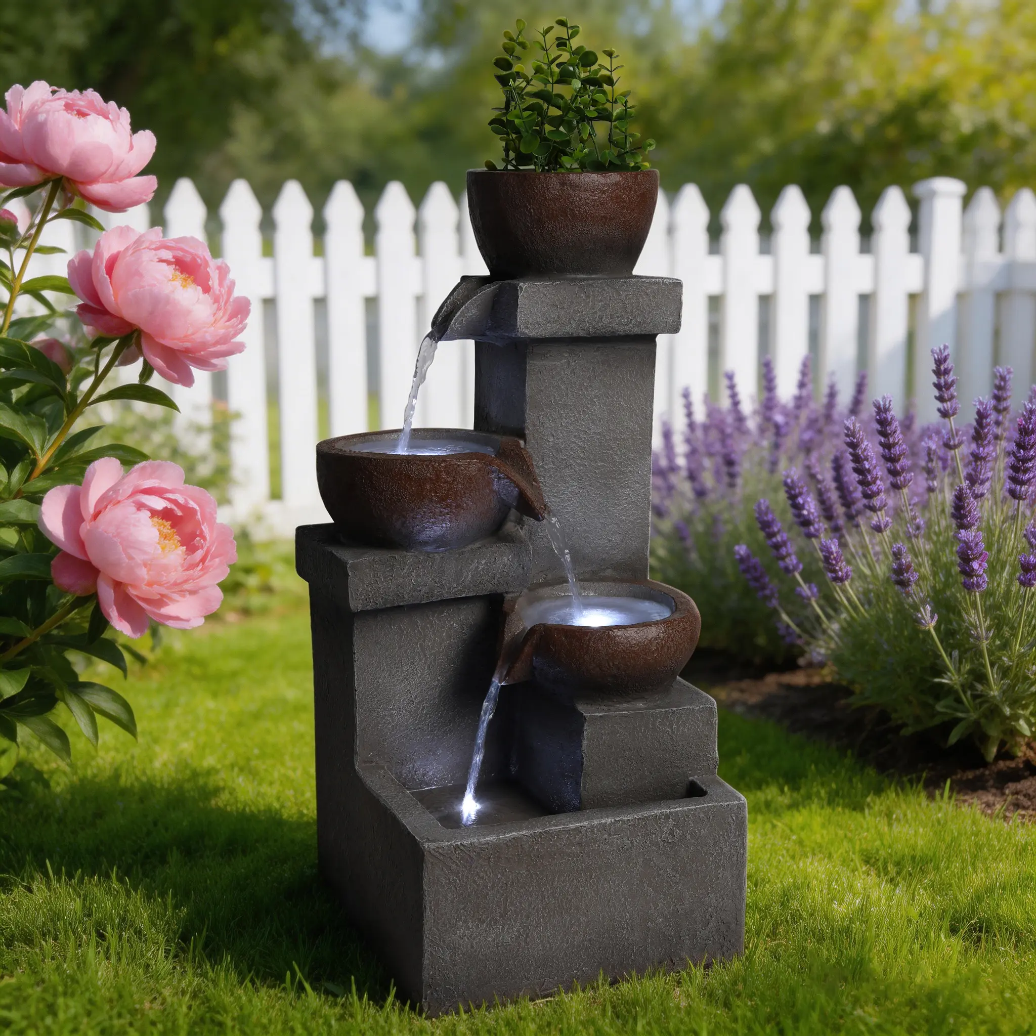 ARCH Gray Resin Tiered Cascading Outdoor Patio Water Fountain with LED Lights & Planter Combo - 10.6W x 11.0D x 23.6H in Garden Accessories, Modern Design for Backyard Porch Entryway Relaxing Sound, Modern Garden Fountains