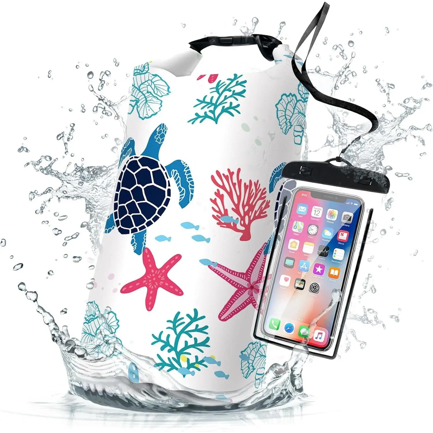 Waterproof Dry Bag,Roll Top Sea Turtle Coral Starfish Small Waterproof Backpack 5L/10L/20L Floating Lightweight Bags for Kayaking, Boating, Fishing, Swimming Camping with Waterproof Phone CaseGift