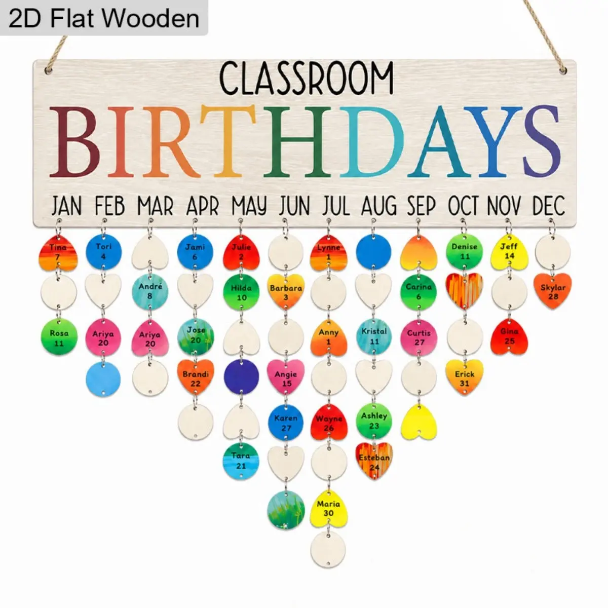 Rainbow Classroom Birthday Board, Wooden Wall-Mounted Sign with Blank Heart Tags, Teacher Supplies, Home Preschool Decor, Back-To-School Gift, Teachers' Day Gift