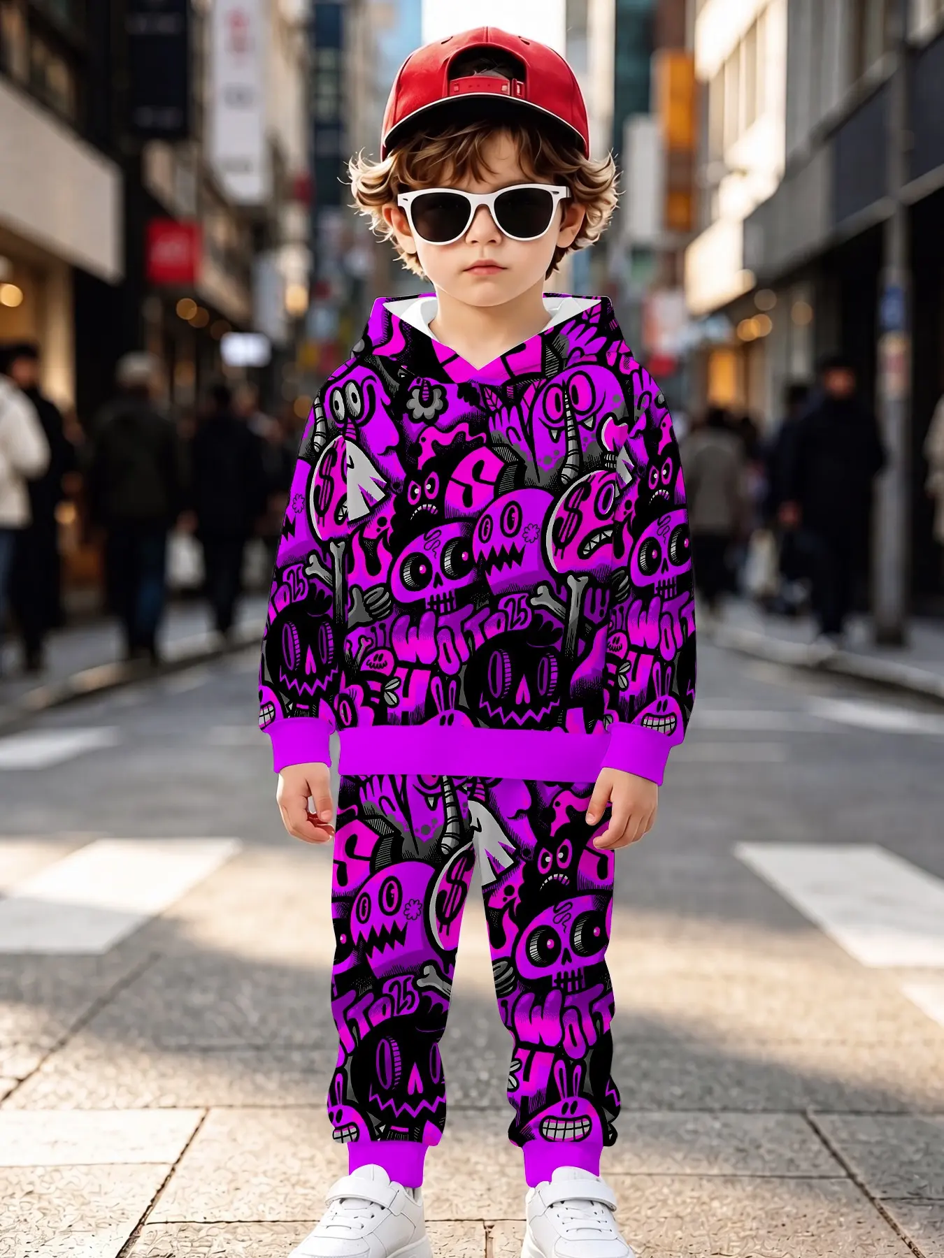 Fluorescent Street Style Kids Long Sleeve Sweatpants Set, Casual Loose-Fitting, All over Print, Fall & Winter Wear