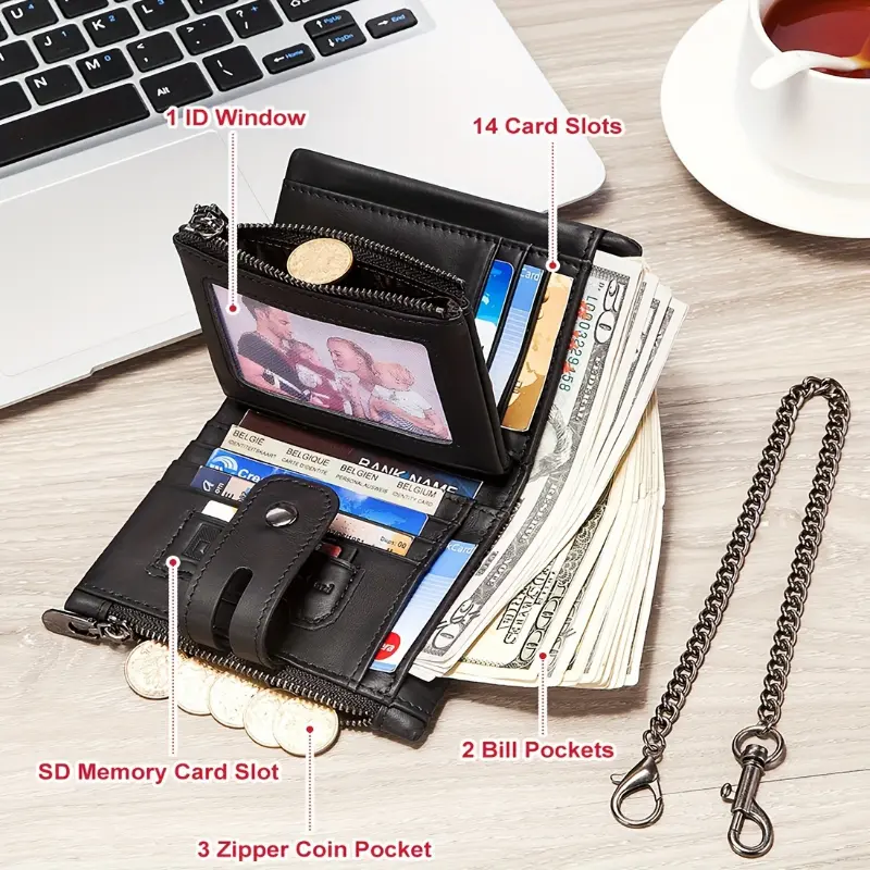 Men's Genuine Leather Chain Wallet - RFID Blocking, Bifold With Zipper, 12 Card Slots, Navy Blue