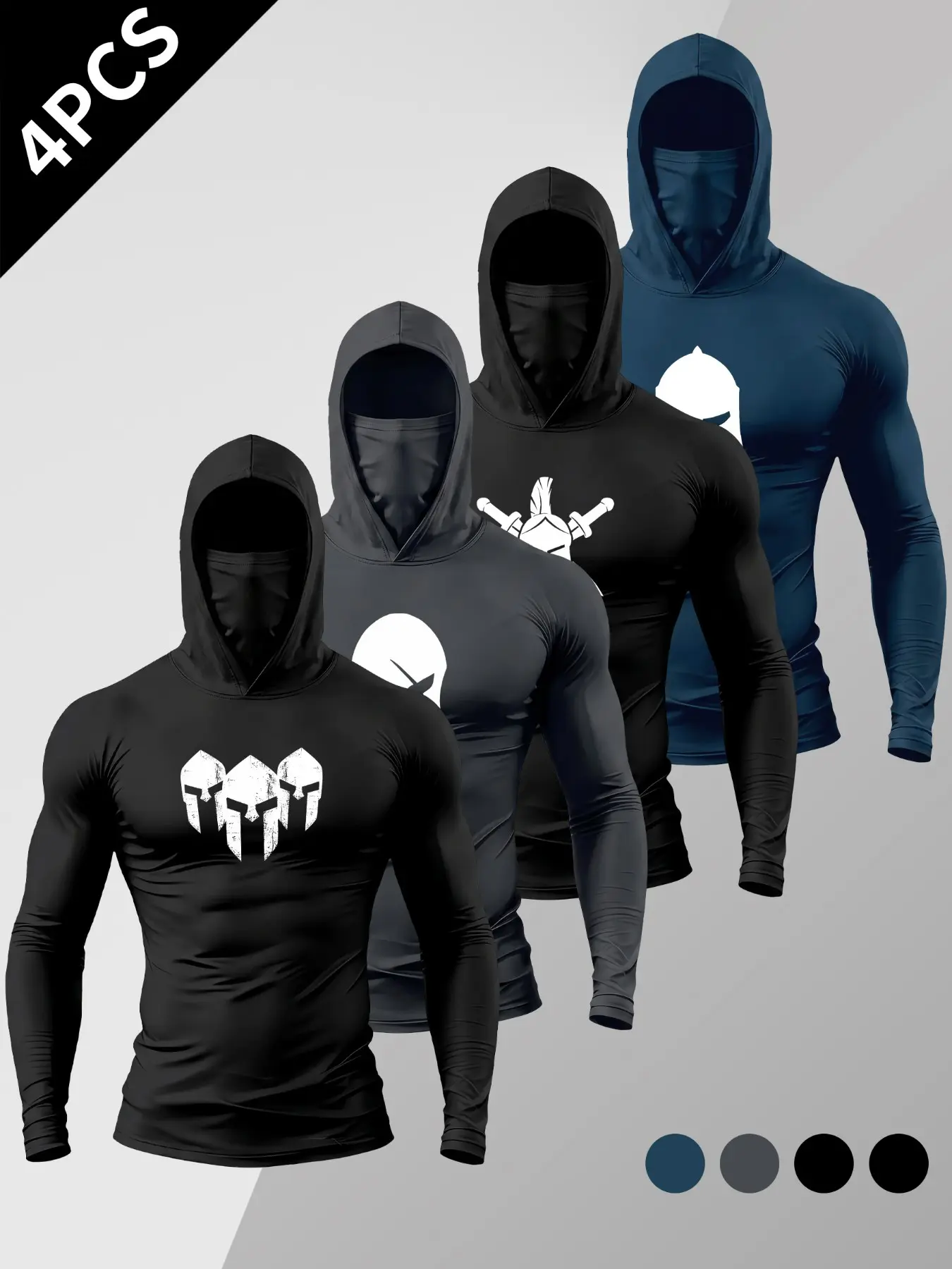 4-piece Spartan warrior retro-pattern long-sleeved set, high elasticity quick-drying tactical fitness gear, slim-fit autumn clothing, Athletic Sportswear