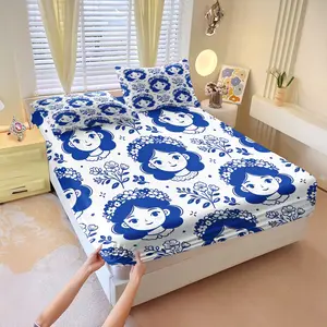 3Pcs Klein Blue Print Girl Floral Fitted Sheet Set, Trendy Print Machine Washable, Elastic Anti-slip Fabric, All-season Bedding For Girls Bedroom