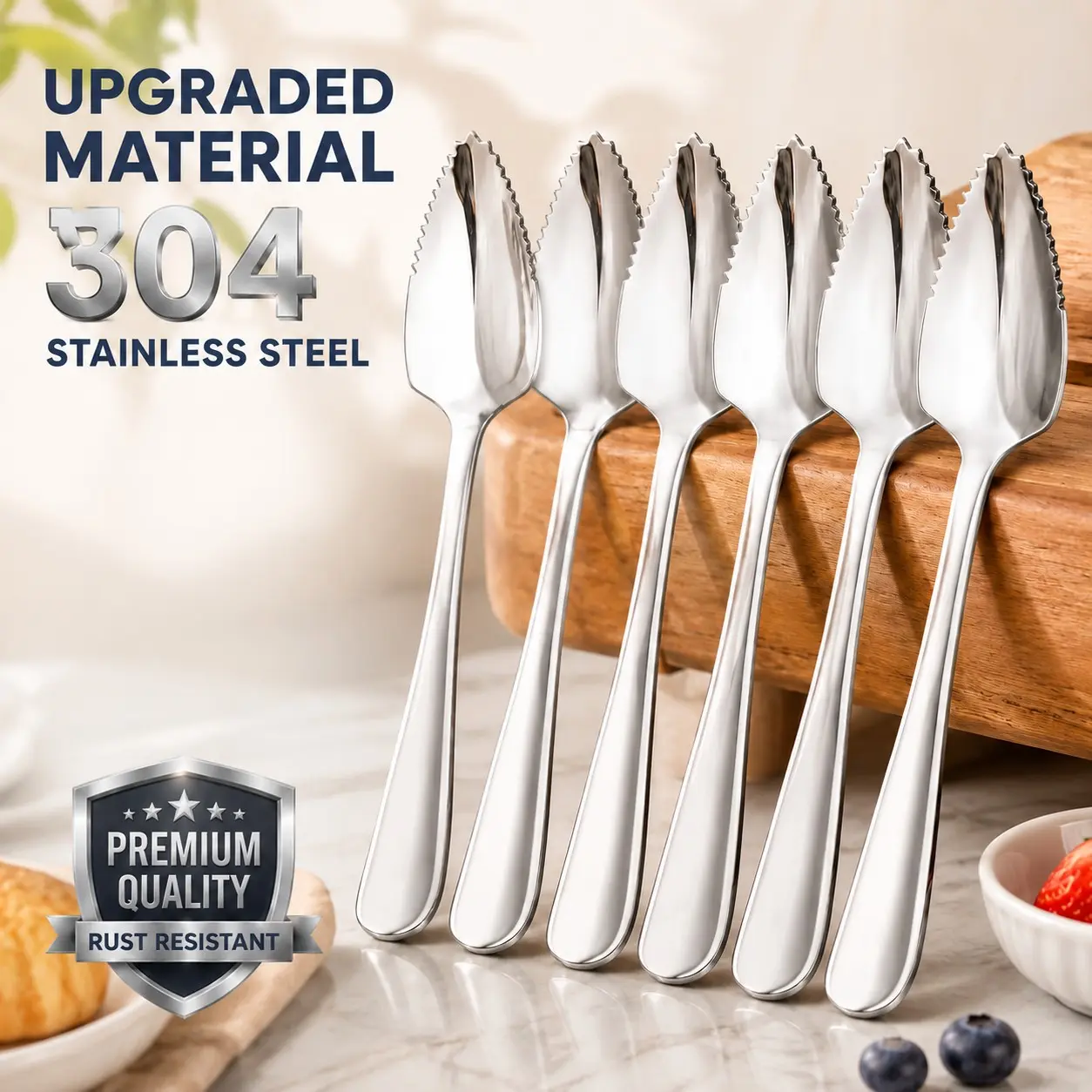 6 Pack Serrated Grapefruit Spoons Stainless Steel Fruit Spoon Set, Multi-purpose for Citrus, Kiwi, Dragon Fruit, Desserts, Salads & Fruit Puree, Optional 304 Stainless Steel