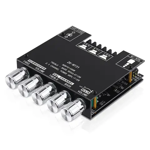 ZK-MT21 Bluetooth 5.0 Audio Amplifier Board 2.1 Channel 50W X 2 +100W Mini Subwoofer Power Amp HiFi Digital Audio Amp Module for Home Speakers DC 12-24V BT AUX Input