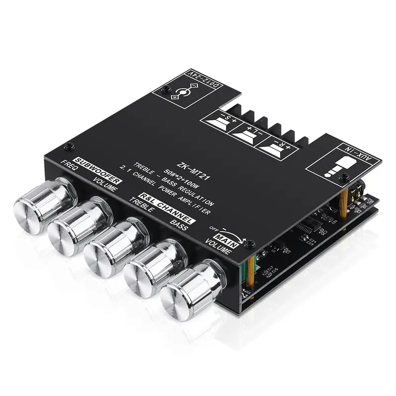 ZK-MT21 Bluetooth 5.0 Audio Amplifier Board 2.1 Channel 50W X 2 +100W Mini Subwoofer Power Amp HiFi Digital Audio Amp Module for Home Speakers DC 12-24V BT AUX Input