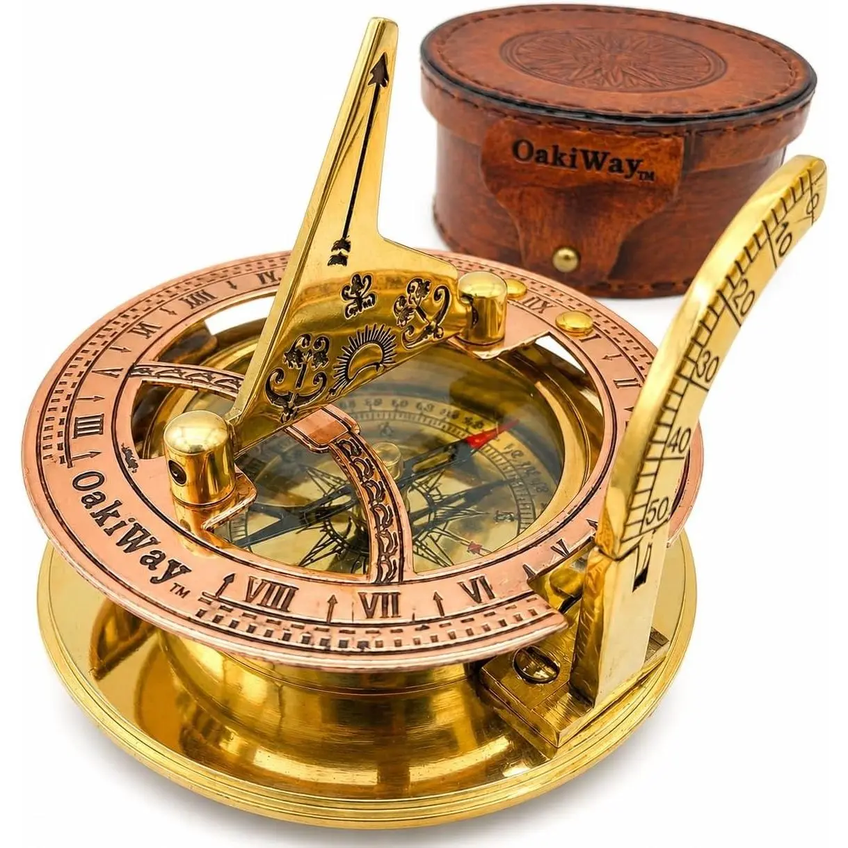 Brass Sundial Compass in Leather Case, Antique Nautical Sailing Gadget, Unique Maritime Decor, Unusual Birthday Anniversary Gift for Men Him, 2.7 Inch Pocket Compass