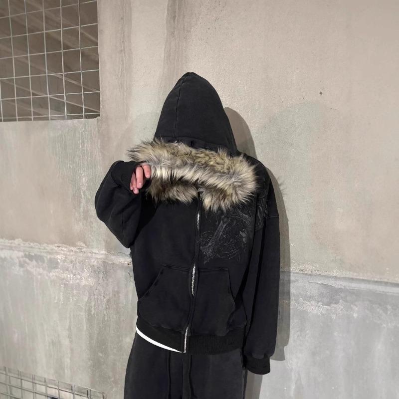 BIGWIG Black zip-up hooded jacket with faux fur - unisex street gothic style SpringStatements