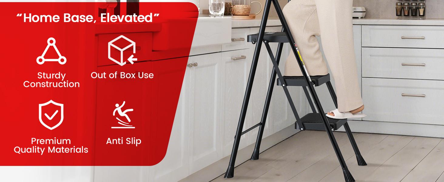 Step Ladder, Folding Step Stool with Wide Anti-Slip Pedal, Sturdy Steel Ladder, Convenient Handrail, Lightweight, Portable Steel Step Stool