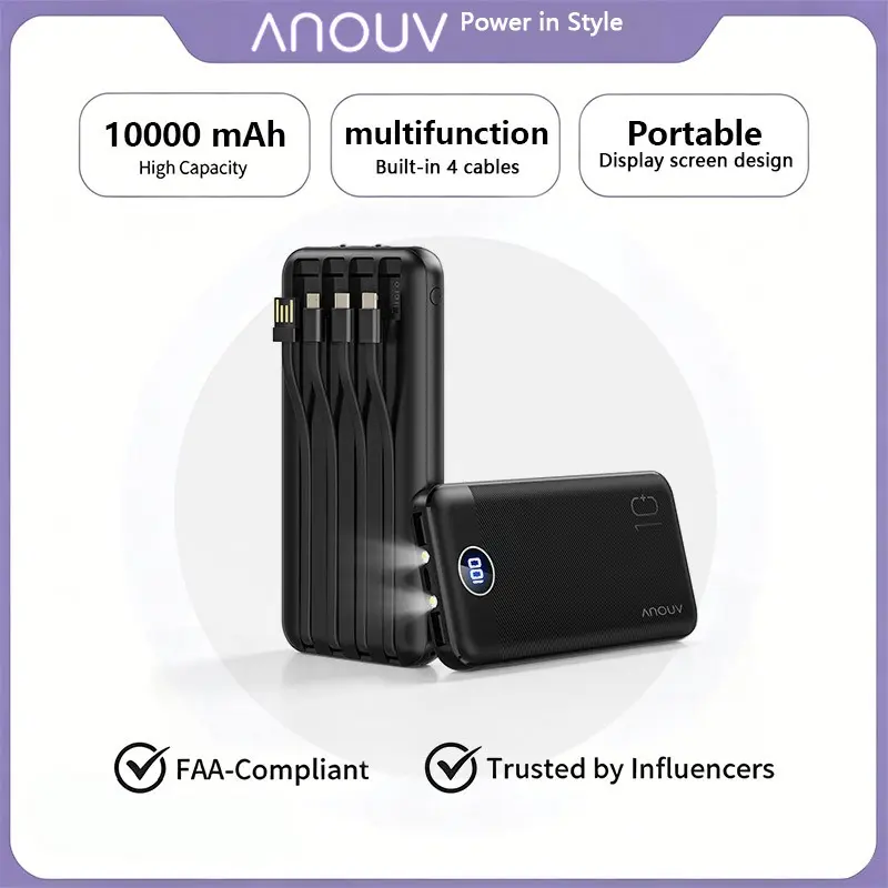 Portable Power Bank with 4 Integrated Cables and LED Emergency Light, 37wh USB Charger with Digital Display, Compact Portable Charger, Compatible with iPhone/samsung/tablet/watch, Travel Gadgets