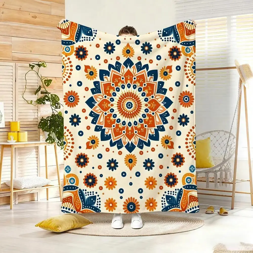 Bohemian Mandala Art Flannel Blanket Decorative Pattern Throw for Yoga Space, Sofa, Bedroom and Travel Retreats