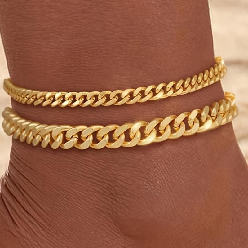 Trendy 2-Pack Minimalist Metal Anklets - Delicate Summer Footwear Accessory, Ideal Holiday & Birthday Gift for Her, Versatile Jewelry for Beach & Parties.