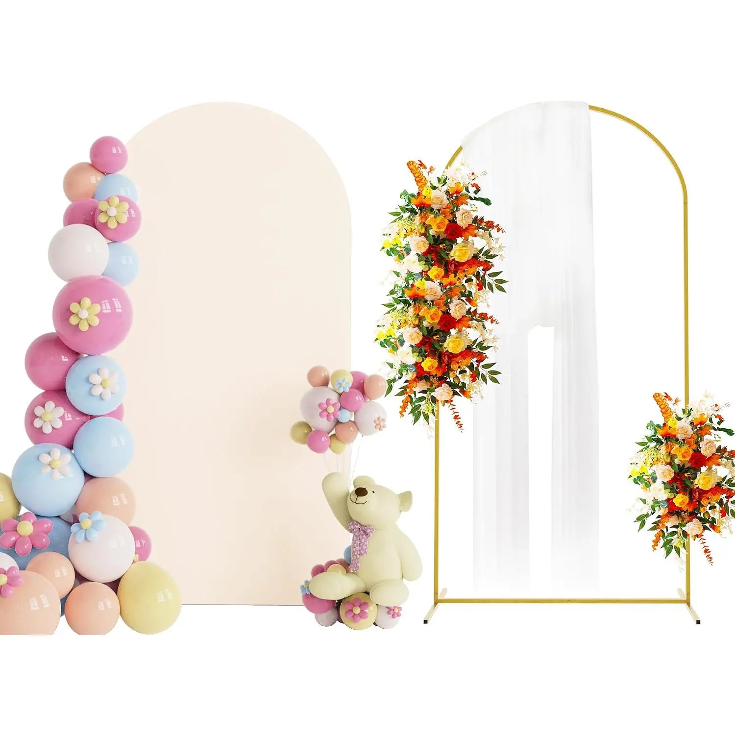 Arch Backdrop Stand and Cover Set, 6.6ft,  Arch Stand with Beige Cover, Metal Arched Background Frame for Wedding, Birthday Party,  Shower, Photography Decoration
