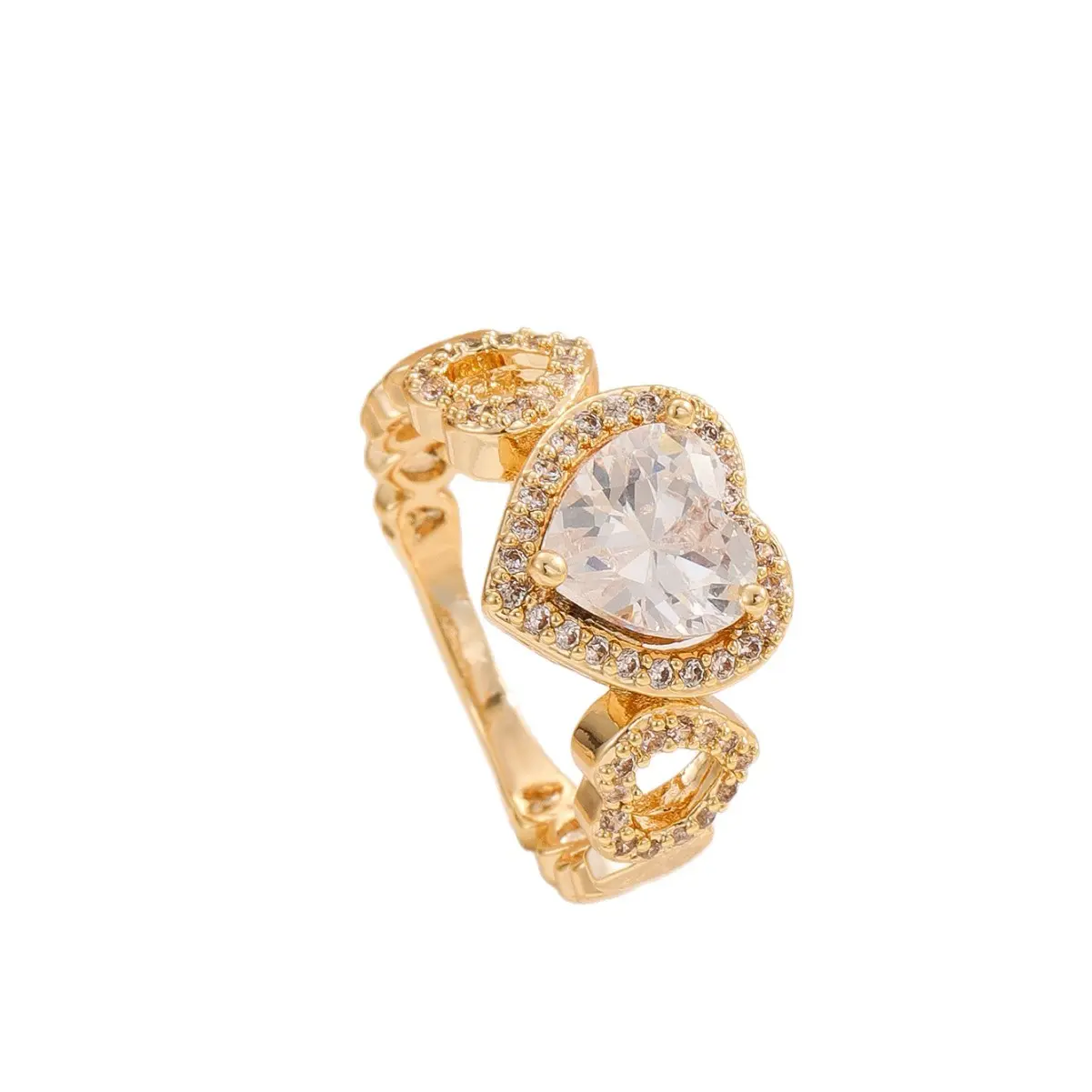 Gold Plated Copper Triple Heart Open Adjustable Ring Unique Couple Finger Jewelry For Gift Daily Matching Accessory
