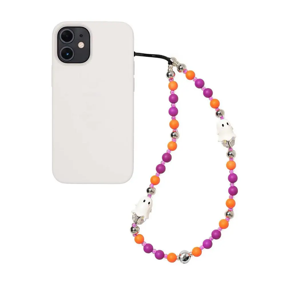 Cute Spooky Halloween Phone Charm - Colorful Round Beads Contrast Color Little Ghost Pendant, Aesthetic Beaded Phone Lanyard & Wrist Strap, Trendy Cell Phone Case Accessory, Unique Quirky Ghost Gift for Women & Girls